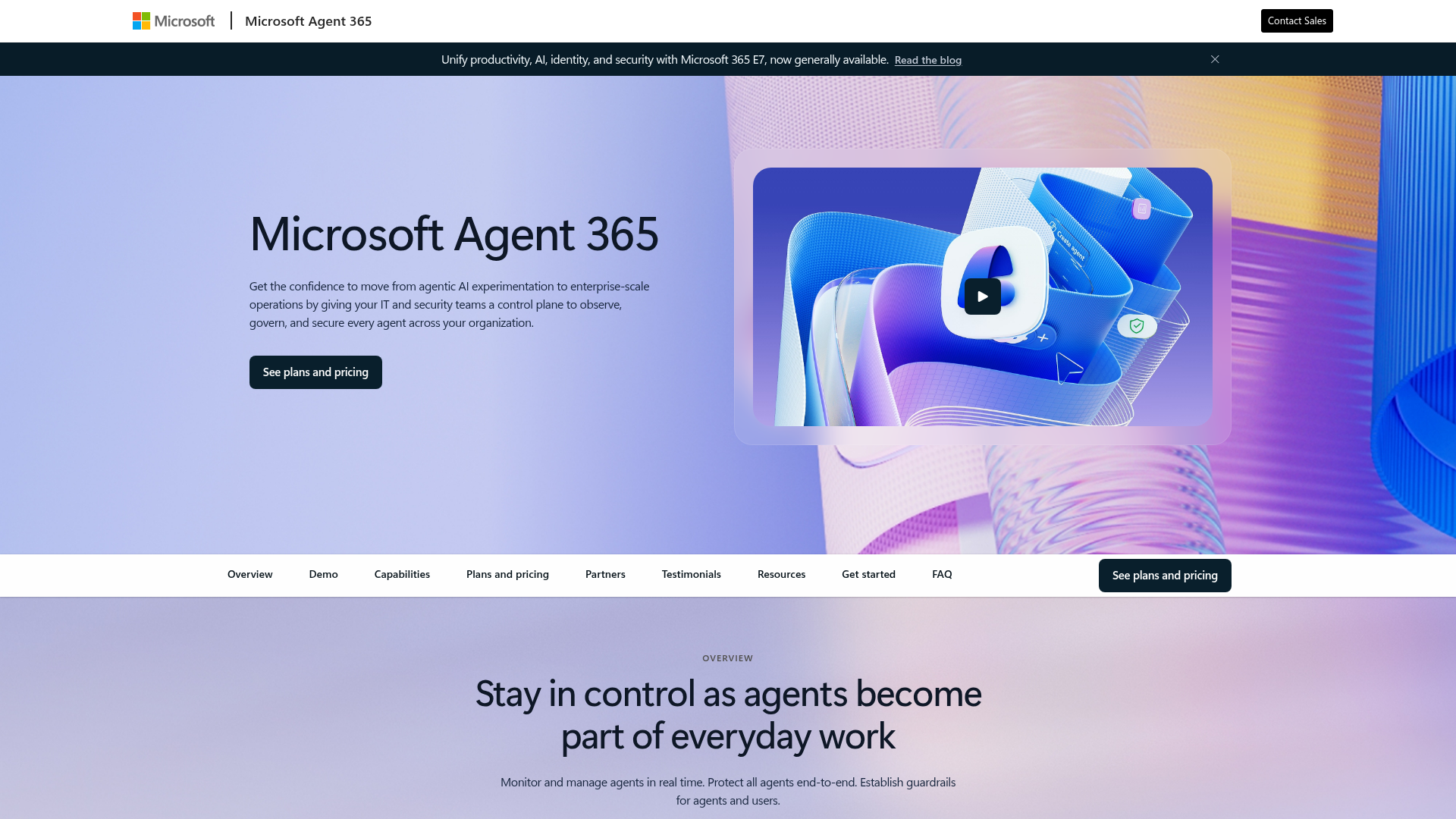 Microsoft Agent 365 control plane product page