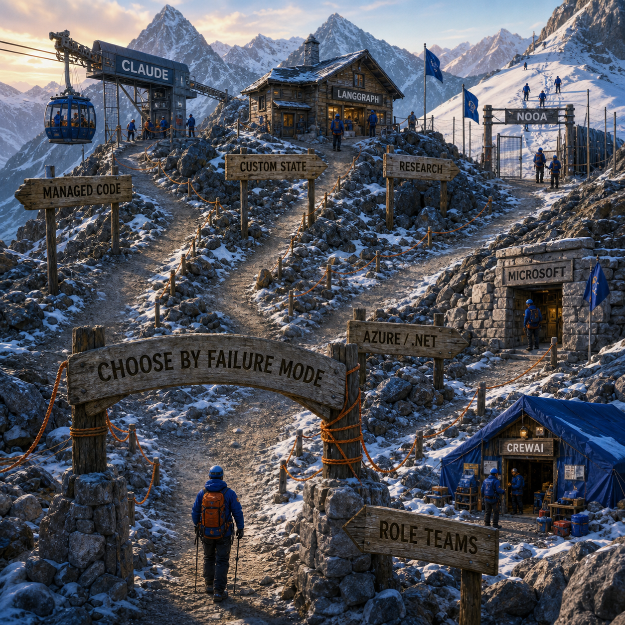 Alpine decision route mapping managed coding, custom state, Azure, research, and role teams to the right harness