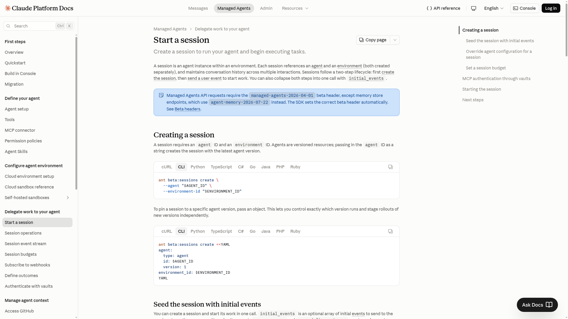 Claude Managed Agents official sessions documentation