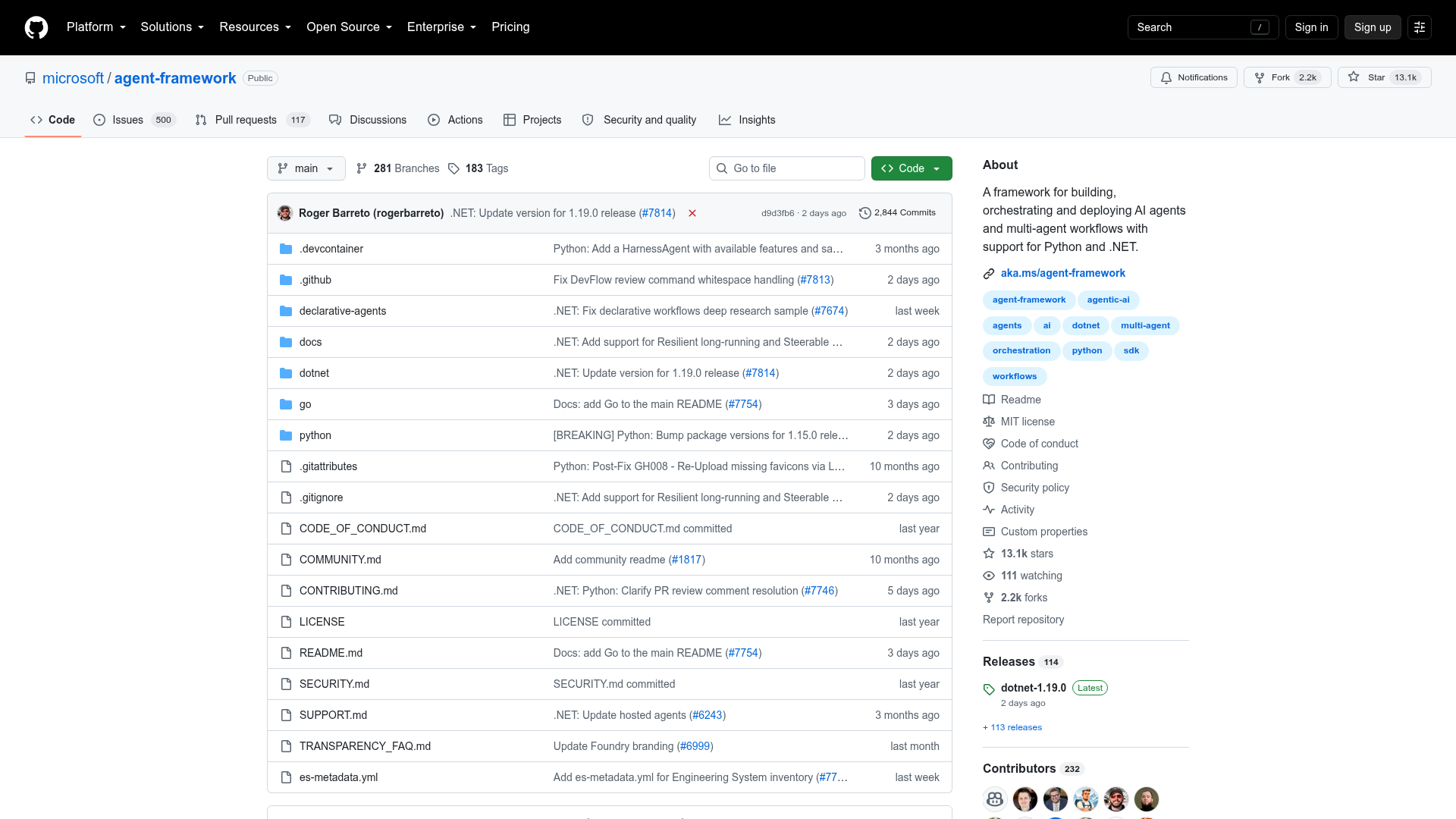 Microsoft Agent Framework official open-source repository