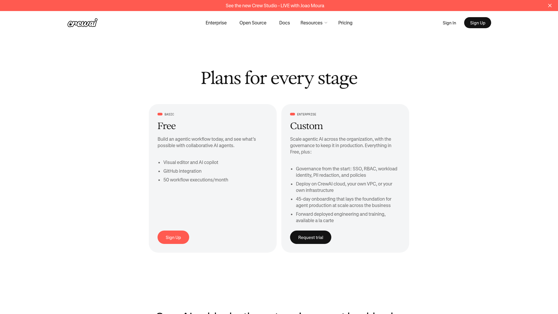 CrewAI official pricing page showing Basic and Enterprise plans