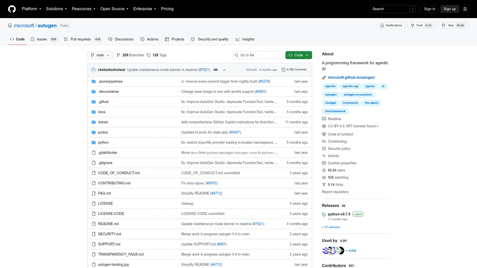 Repositorio de Microsoft AutoGen con su estado de mantenimiento y la recomendación del sucesor