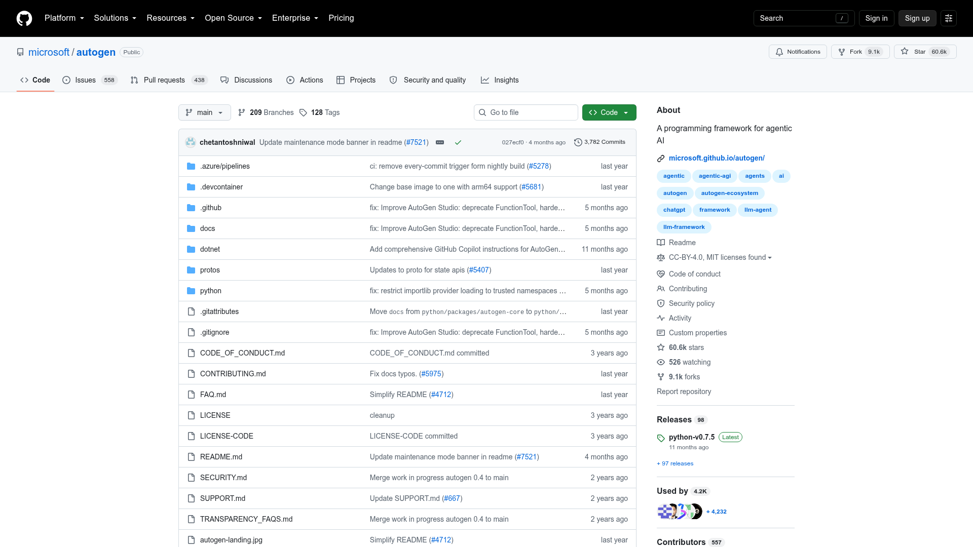 Microsoft AutoGen repository showing its maintenance status and successor guidance