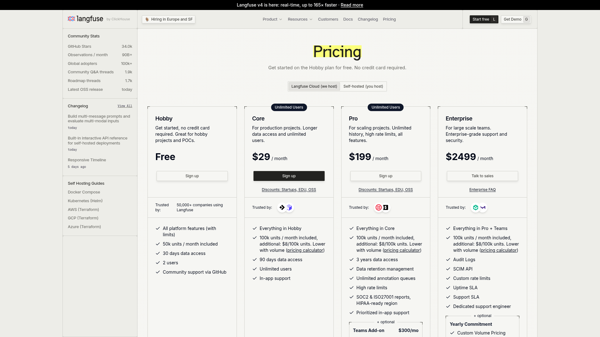 Langfuse pricing page showing Cloud and self-hosted plans