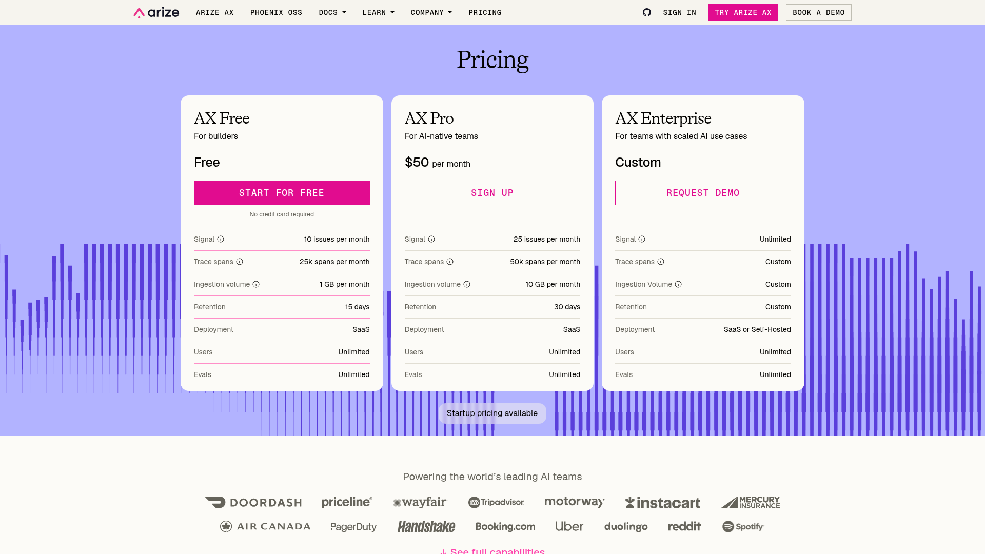 Arize pricing page showing AX Free, Pro, and Enterprise plans