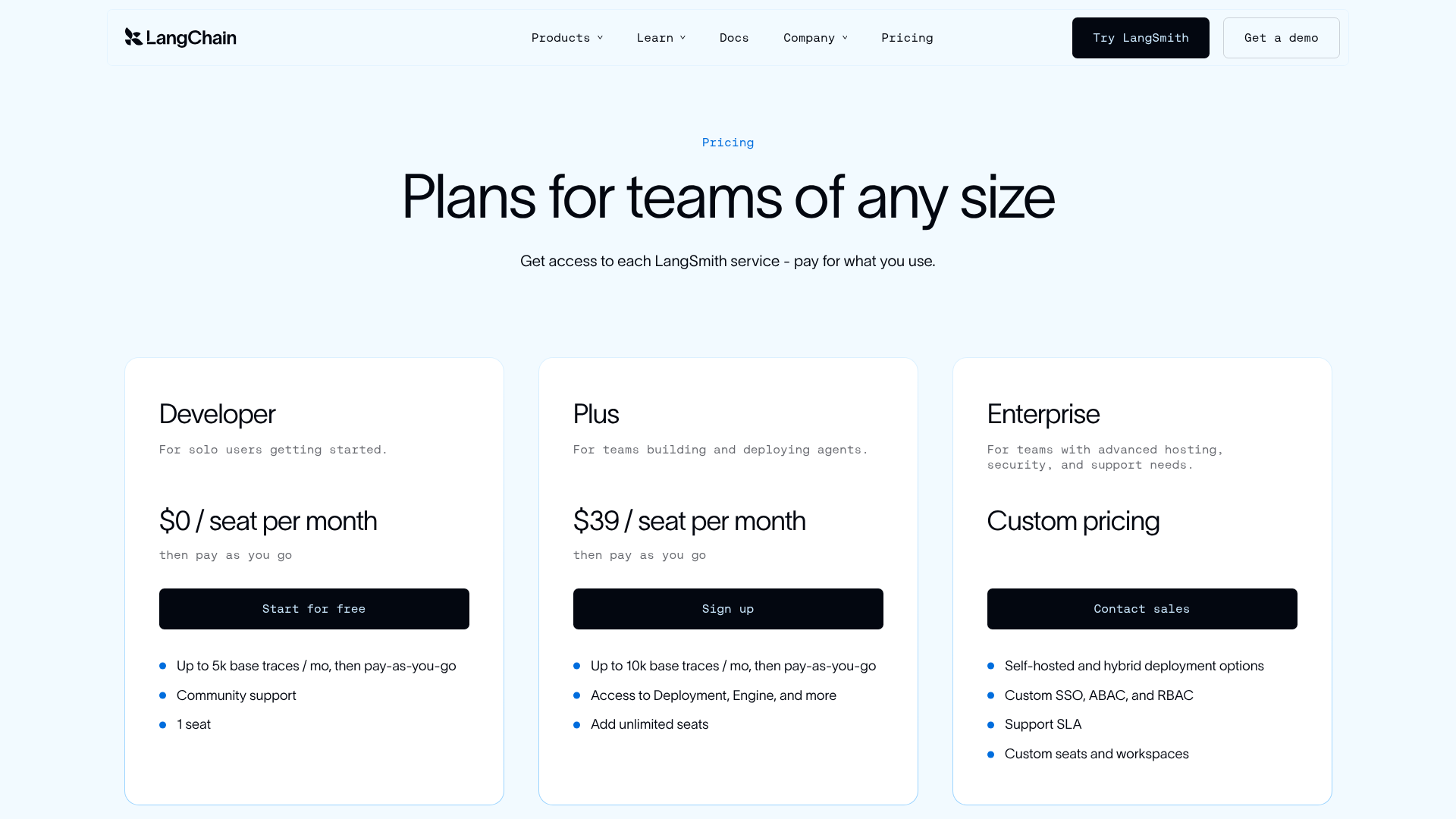 LangSmith pricing page showing Developer, Plus, and Enterprise tiers