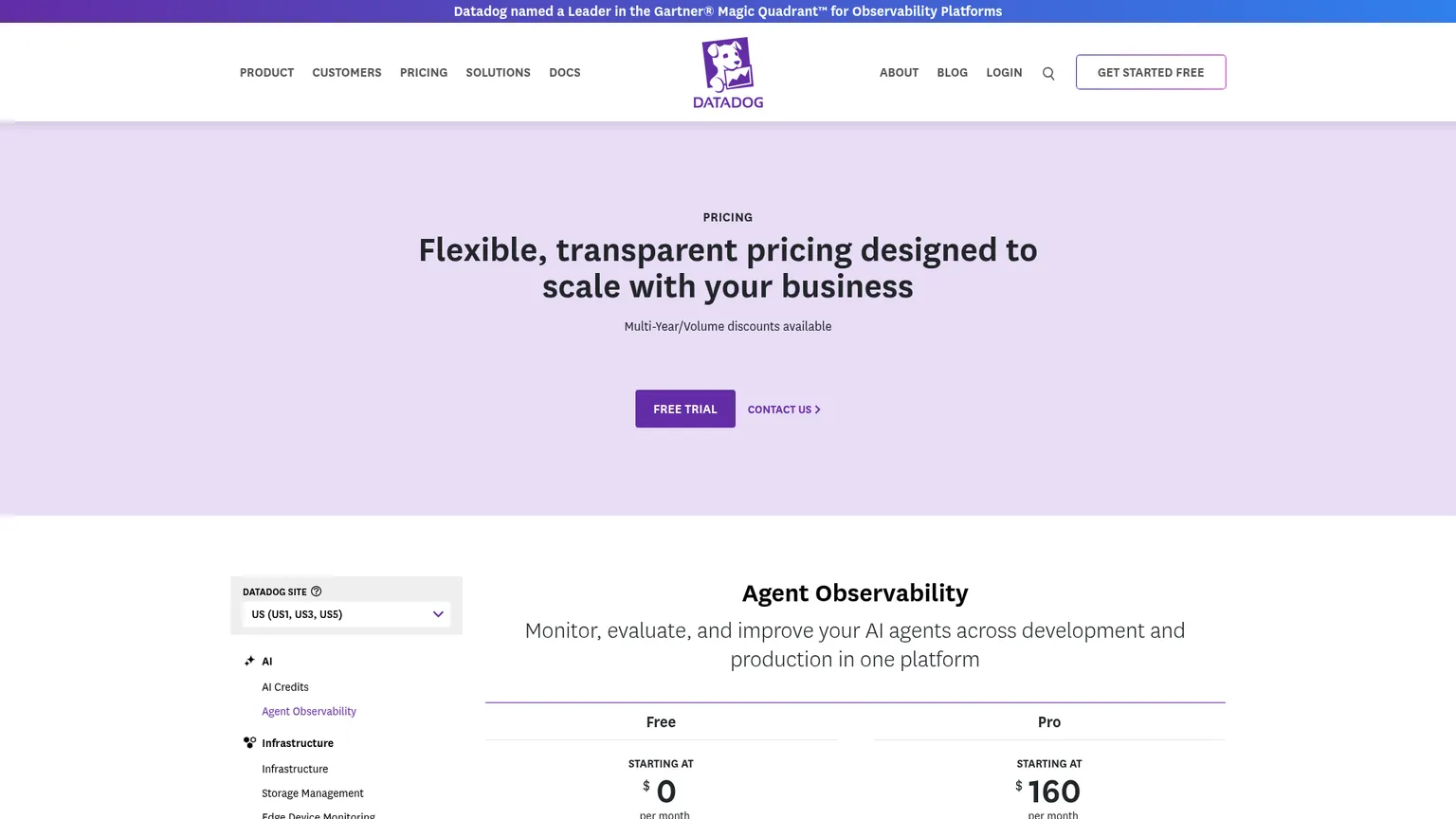 Preisseite von Datadog Agent Observability mit den Tarifen Free und Pro