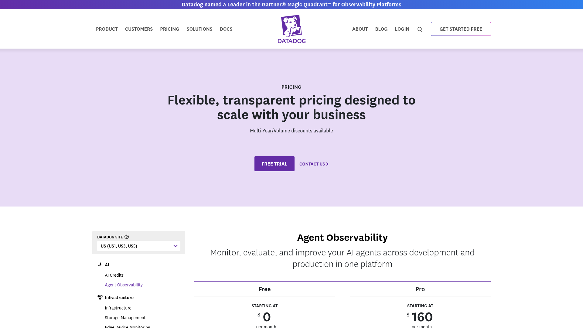 Datadog Agent Observability pricing page showing Free and Pro plans