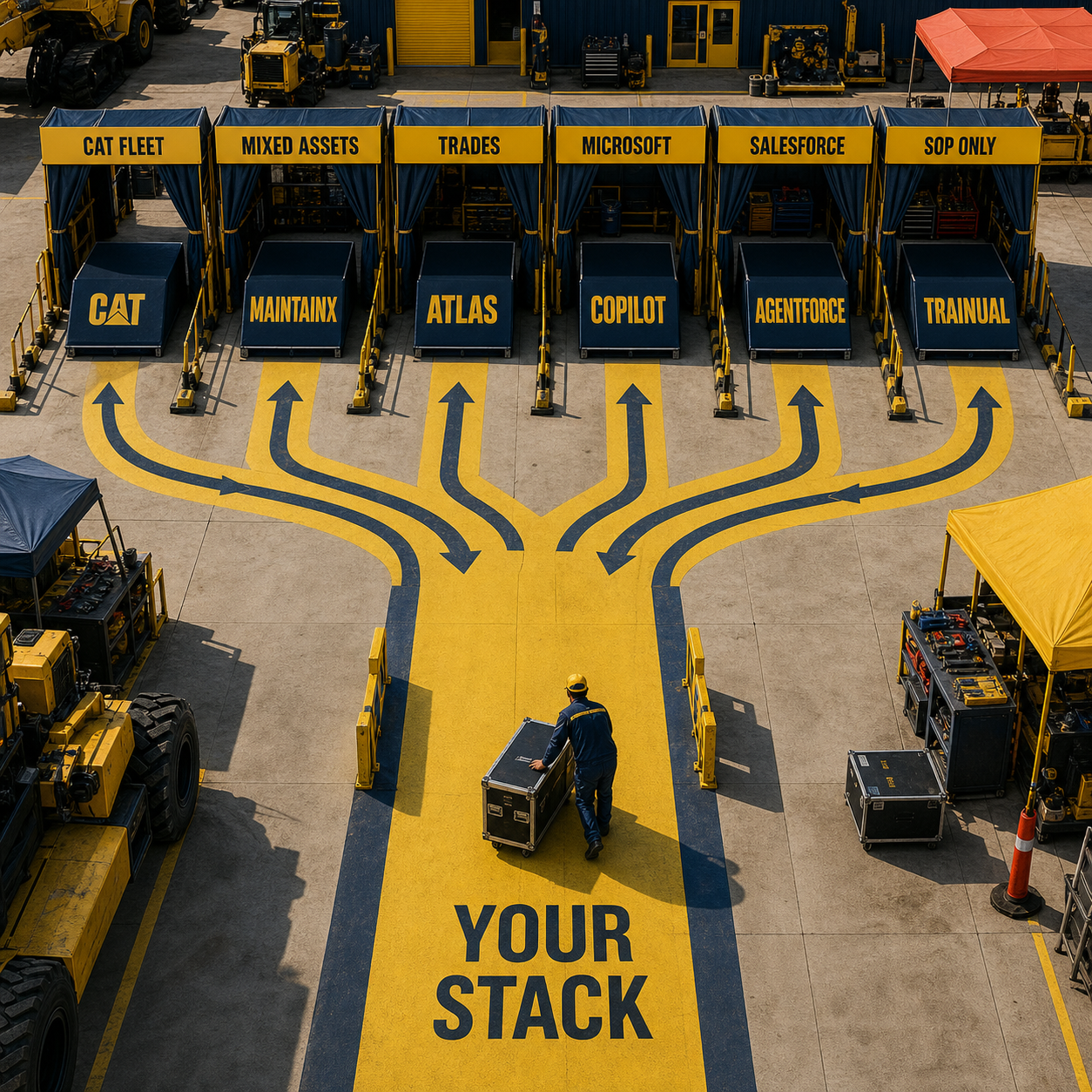 Decision flow routing six field service contexts to the right AI assistant