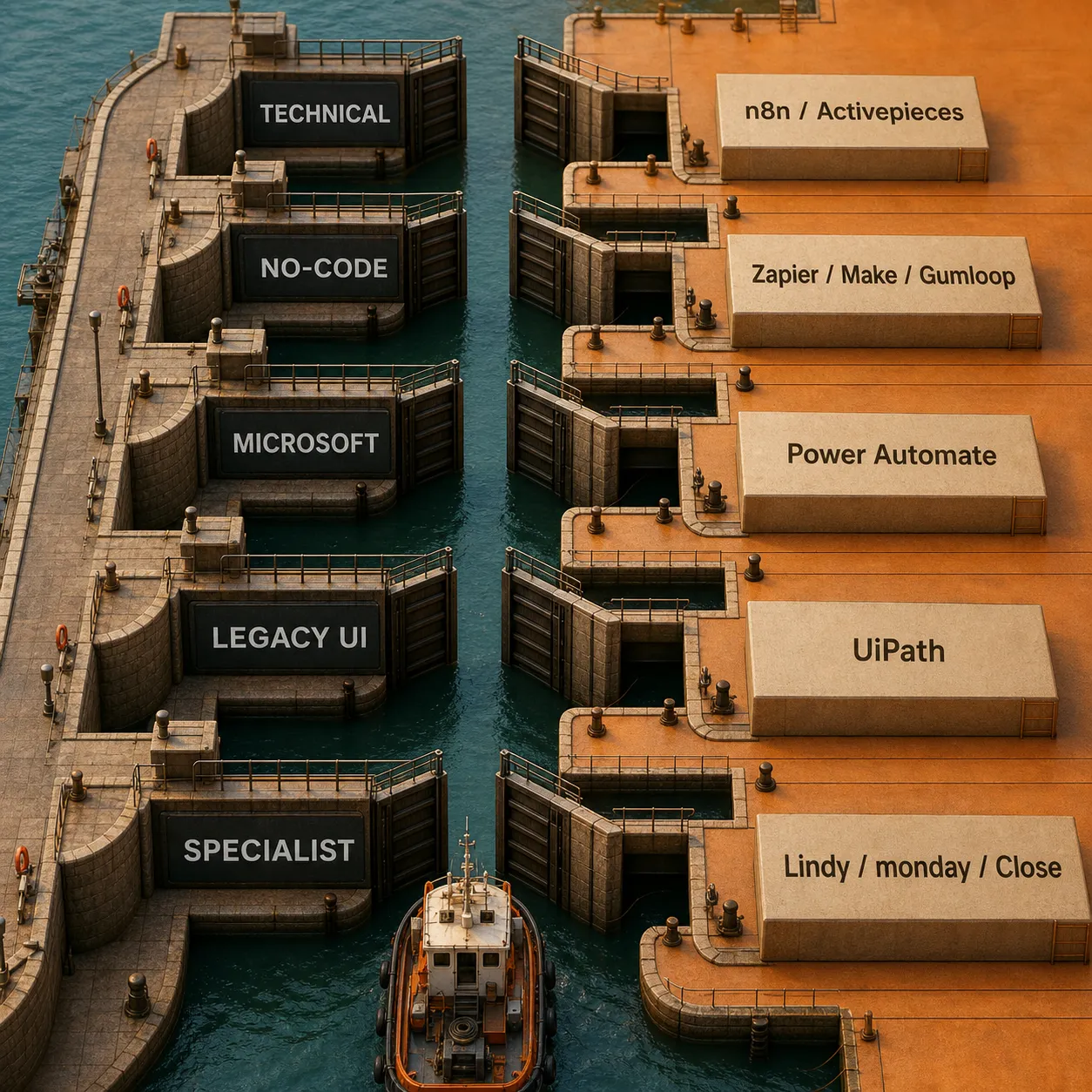 Harbor lock decision flow routing technical, no-code, Microsoft, legacy UI, and specialist workflows to matching automation tool families