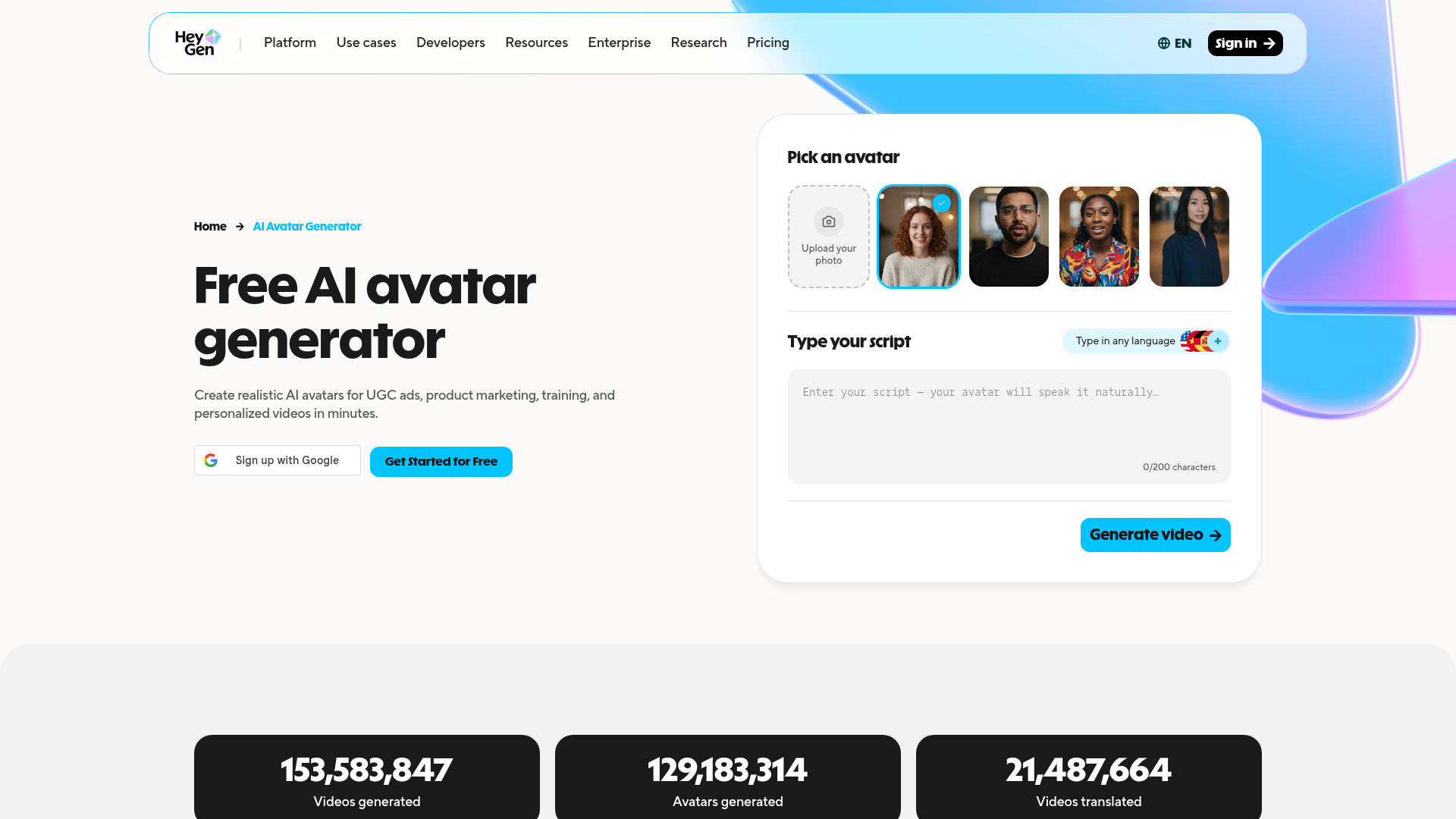 HeyGen AI avatar generator with stock, photo, and digital twin avatar options