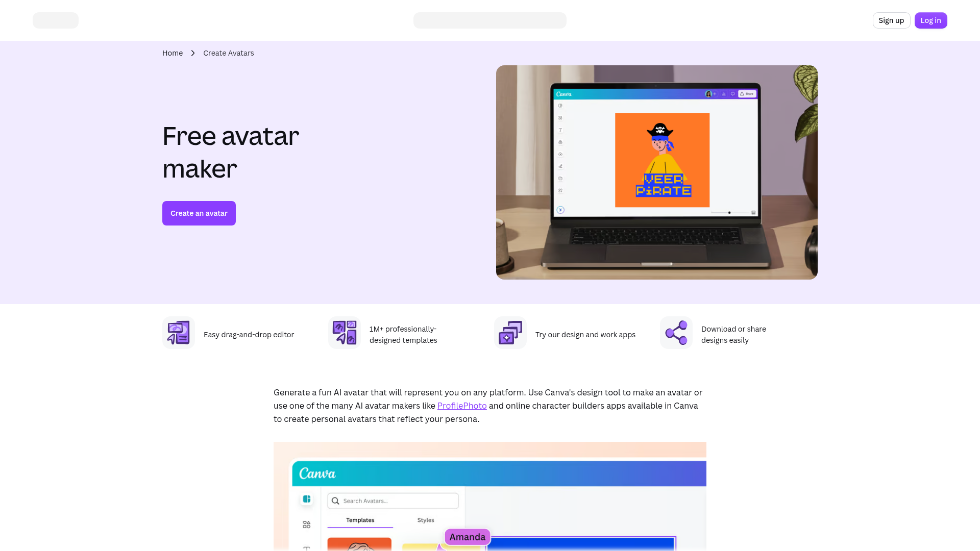Canva static avatar maker with templates, Character Builder, and embedded AI apps