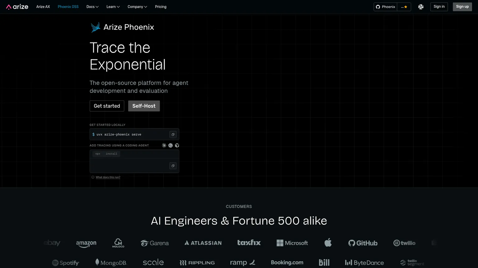 Produktseite von Arize Phoenix für KI-Observability und Evaluation