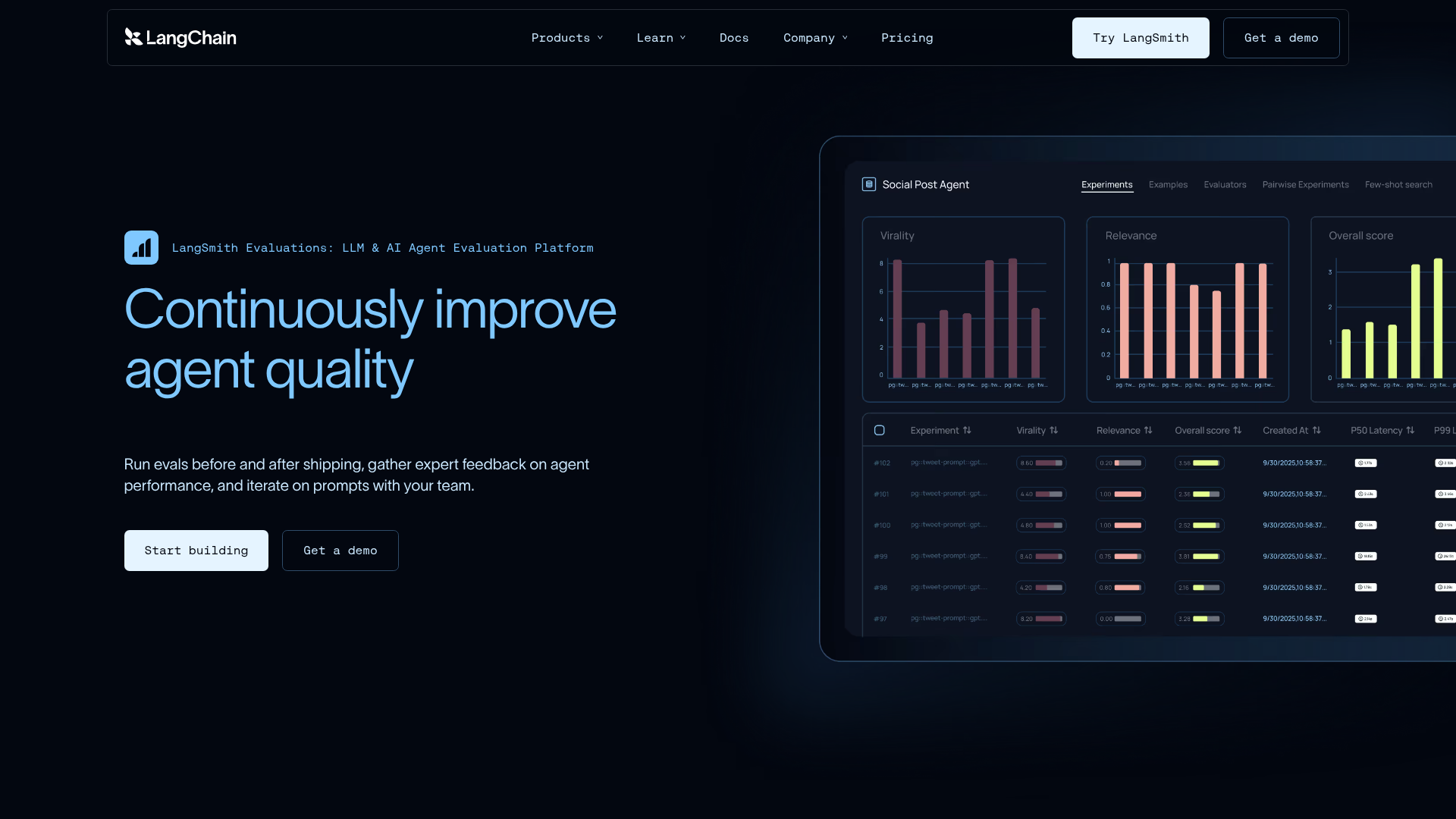 LangSmith agent evaluation platform with traces and evaluation workflows