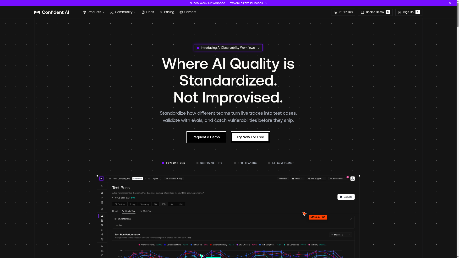 Confident AI evaluation and observability platform homepage