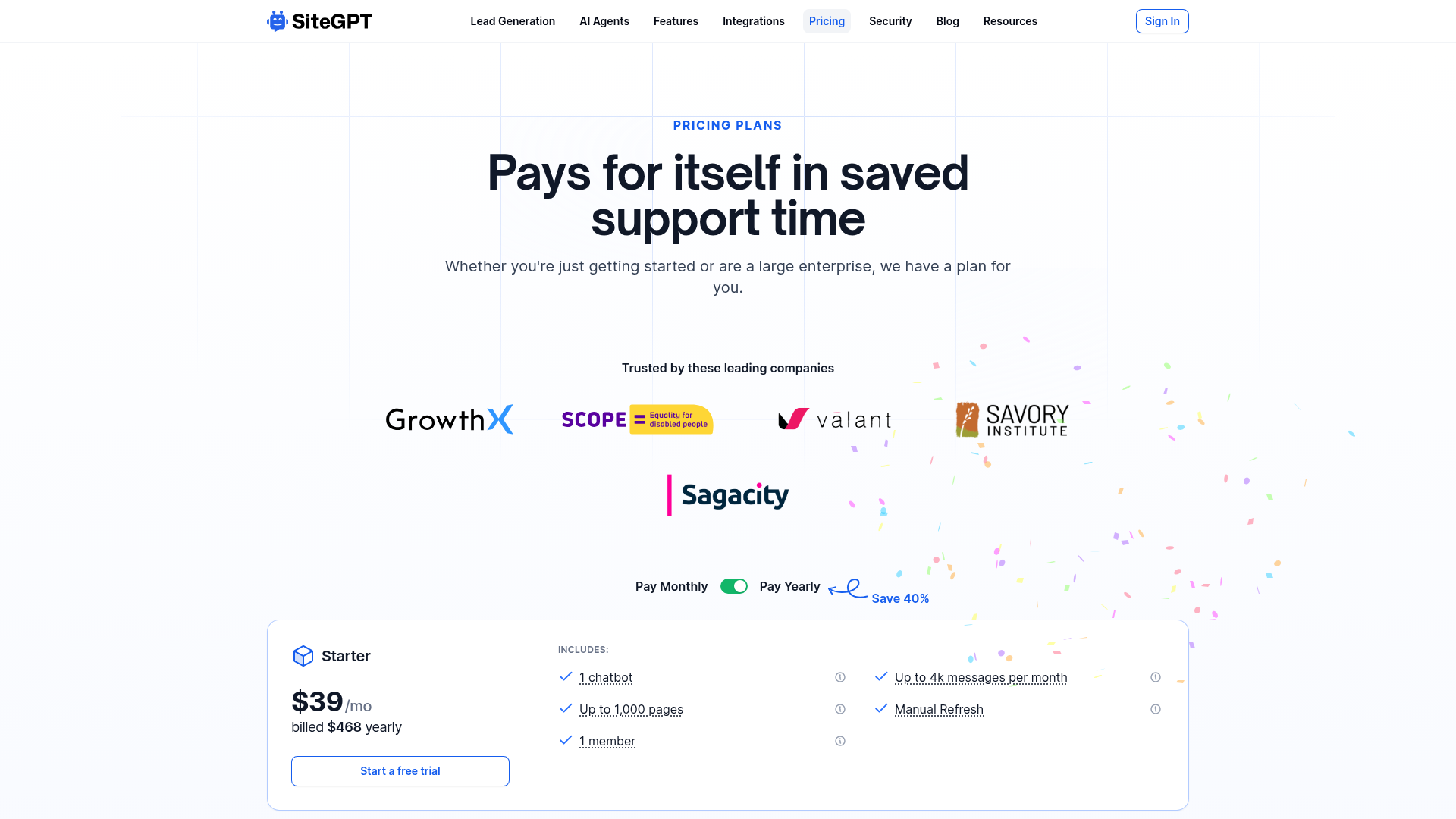 SiteGPT website chatbot pricing and plans