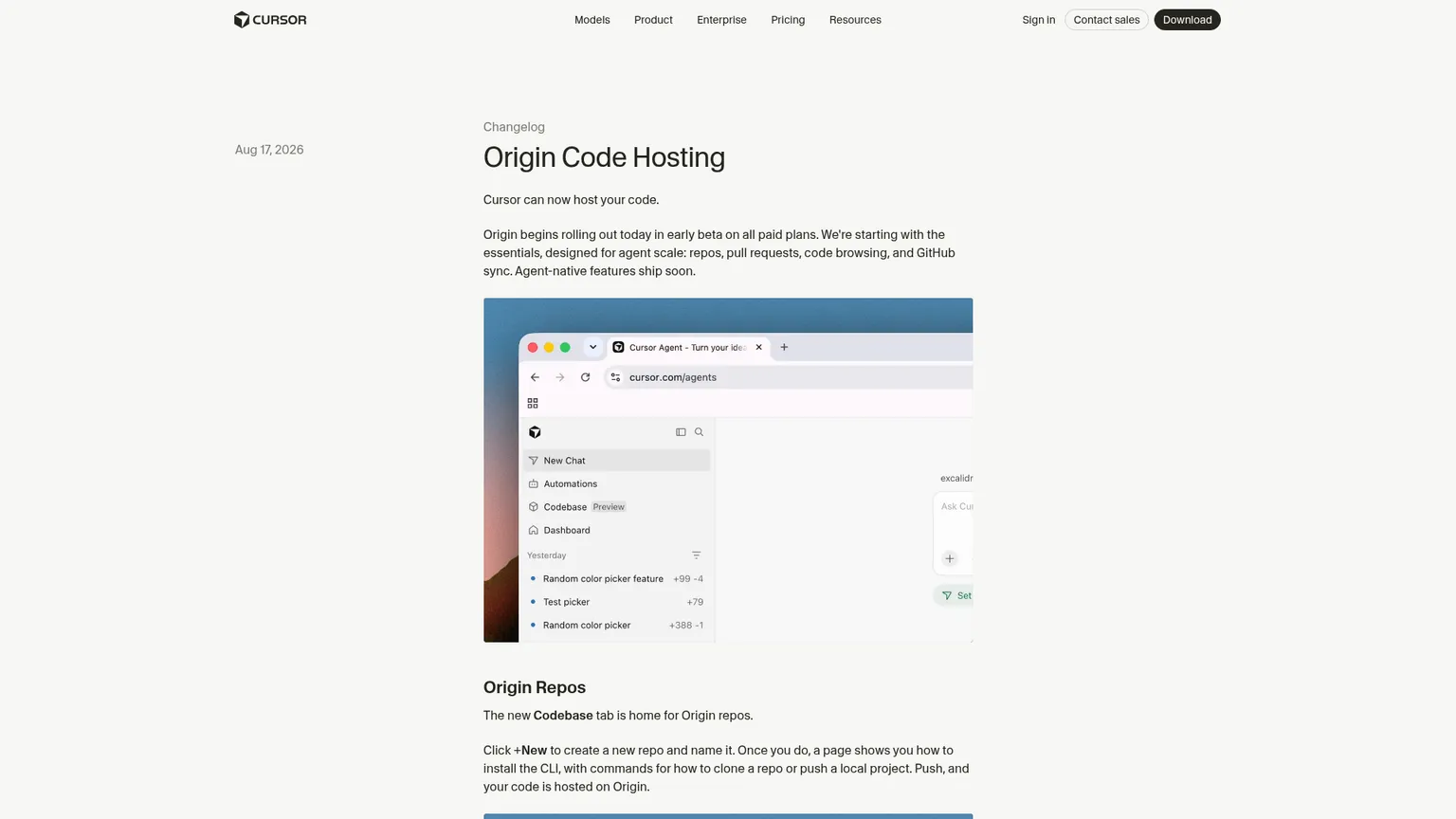 Page de lancement de Cursor Origin présentant les dépôts, les pull requests et les intégrations