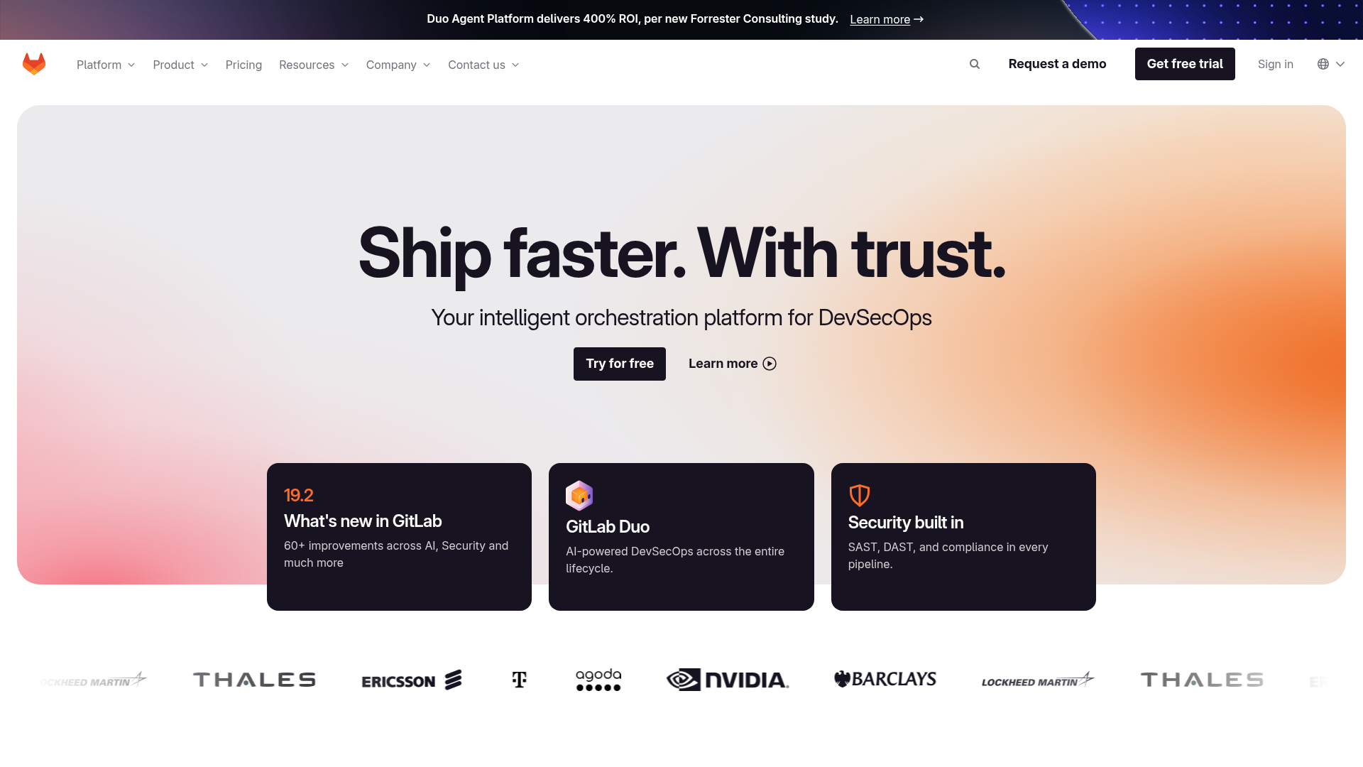 GitLab platform homepage showing its integrated DevSecOps environment