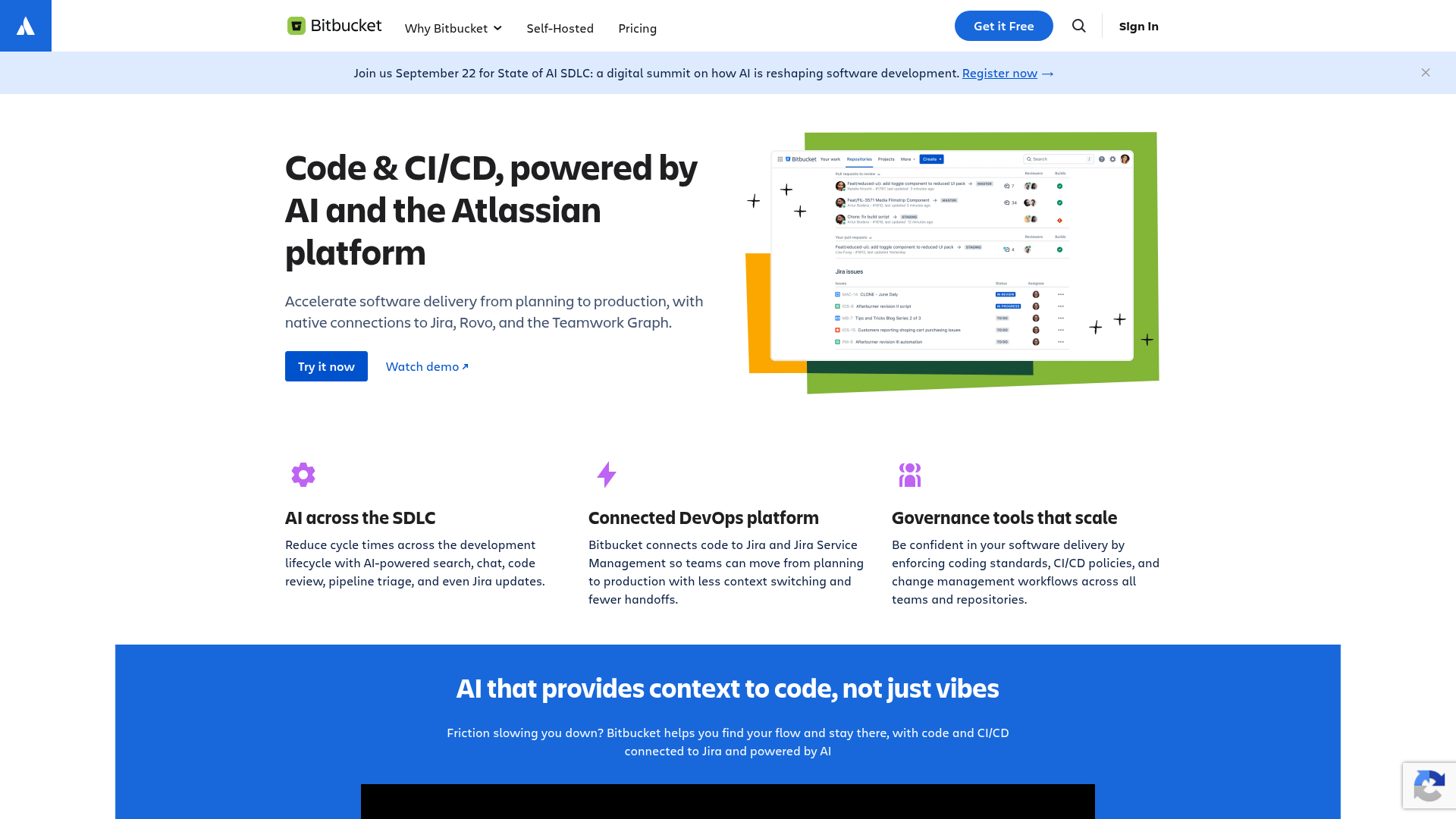 Bitbucket product page showing code collaboration and pipeline workflows
