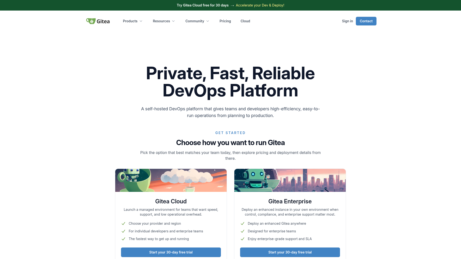 Gitea homepage showing its self-hosted Git platform and Actions support
