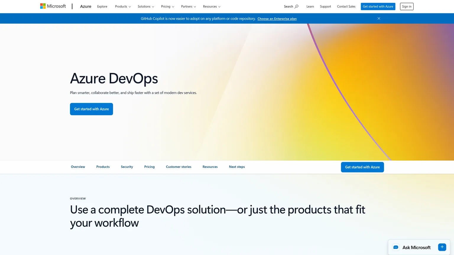 Page Azure DevOps présentant Repos, Boards, Pipelines et les services de livraison intégrés