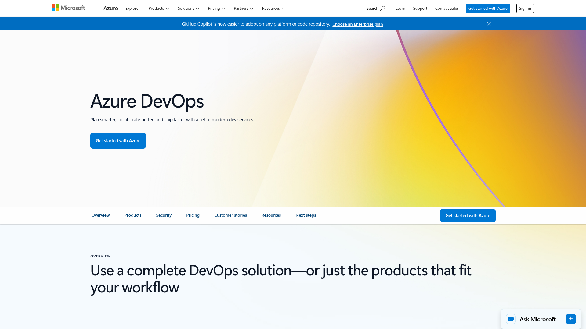 Azure DevOps product page showing Repos, Boards, Pipelines, and integrated delivery services