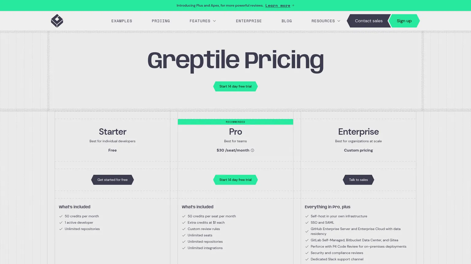 Página de precios de Greptile con Starter, Pro, Enterprise y los créditos de revisión