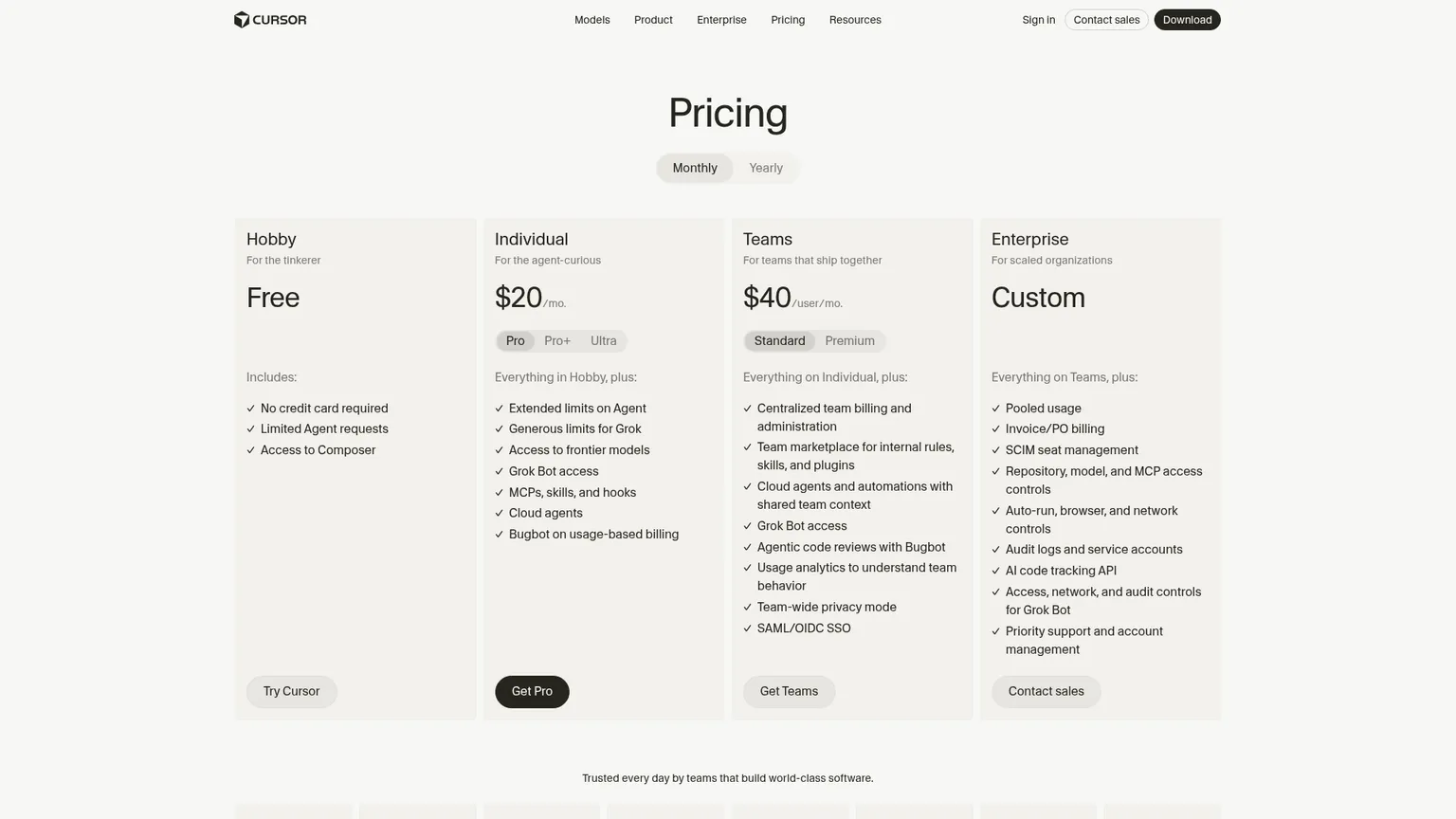 Página de precios de Cursor para suscripciones individuales y de equipo