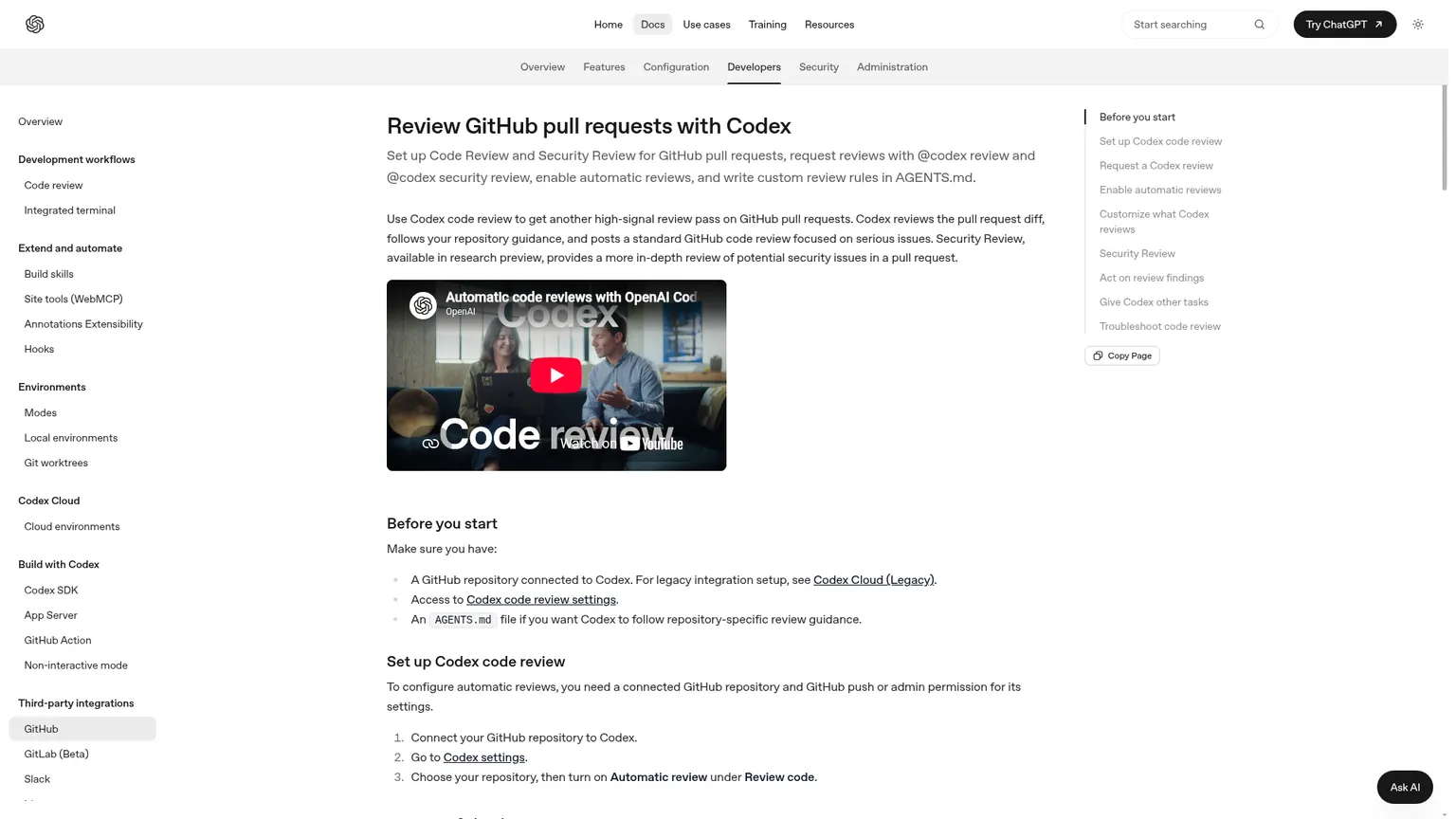 Documentación de OpenAI sobre la revisión conectada de código con Codex en GitHub