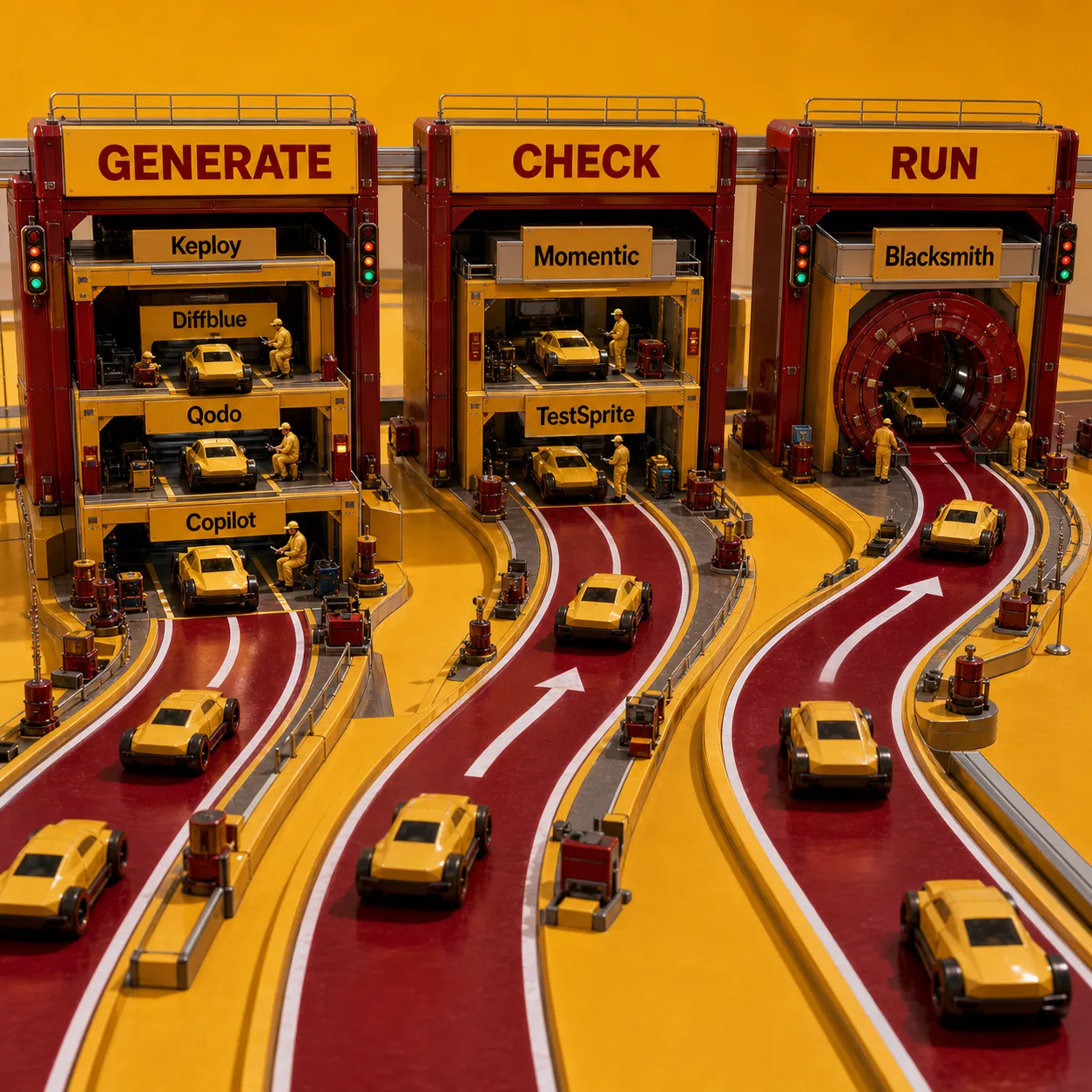 A three-zone software proving ground showing Generate, Check, and Run as separate testing jobs
