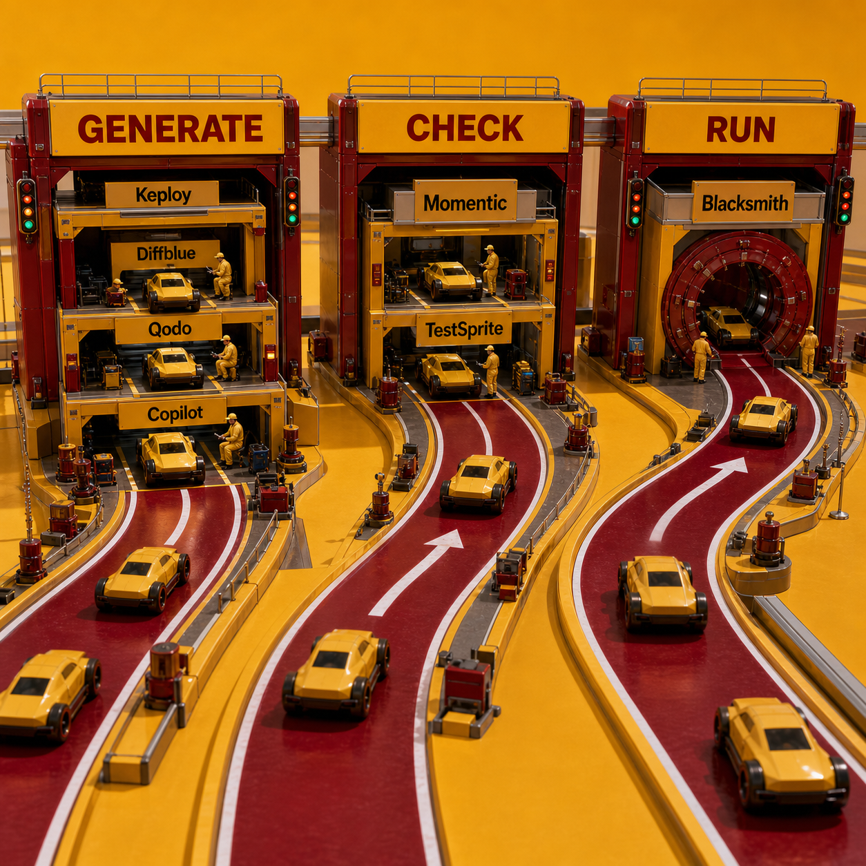 A three-zone software proving ground showing Generate, Check, and Run as separate testing jobs