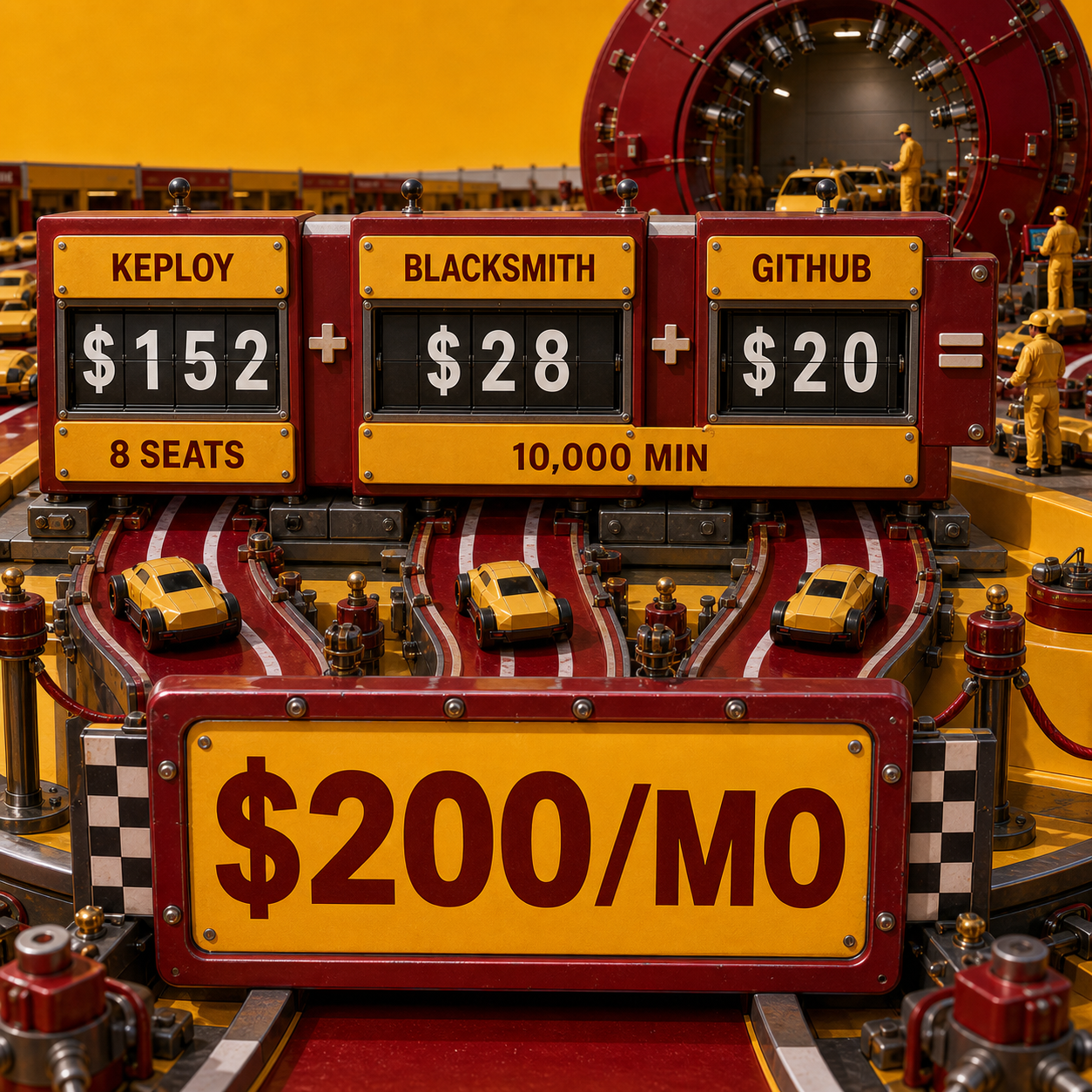 A physical proving-ground pit board showing $152 for Keploy, $28 for Blacksmith compute, $20 for GitHub, and a $200 monthly total