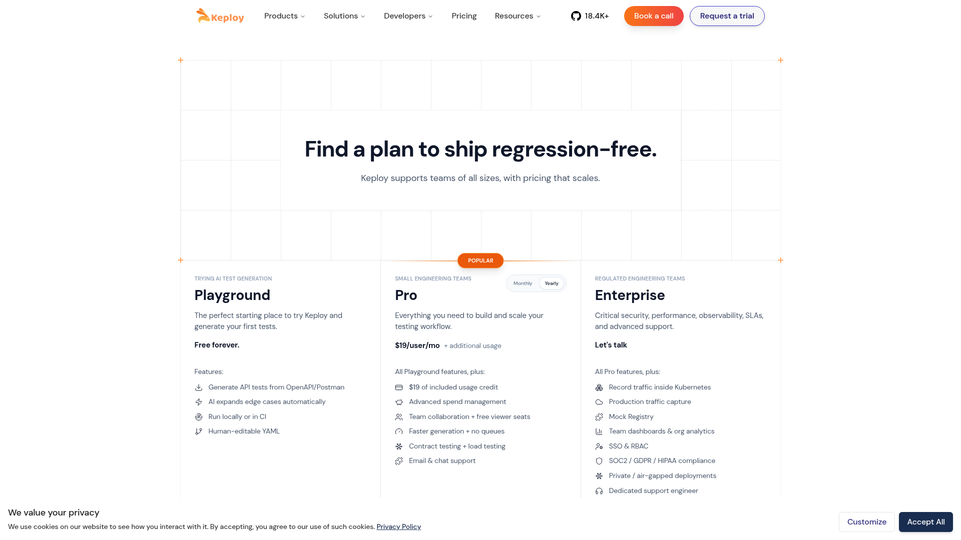 Keploy pricing page showing Open Source, Playground, Pro, and Enterprise options