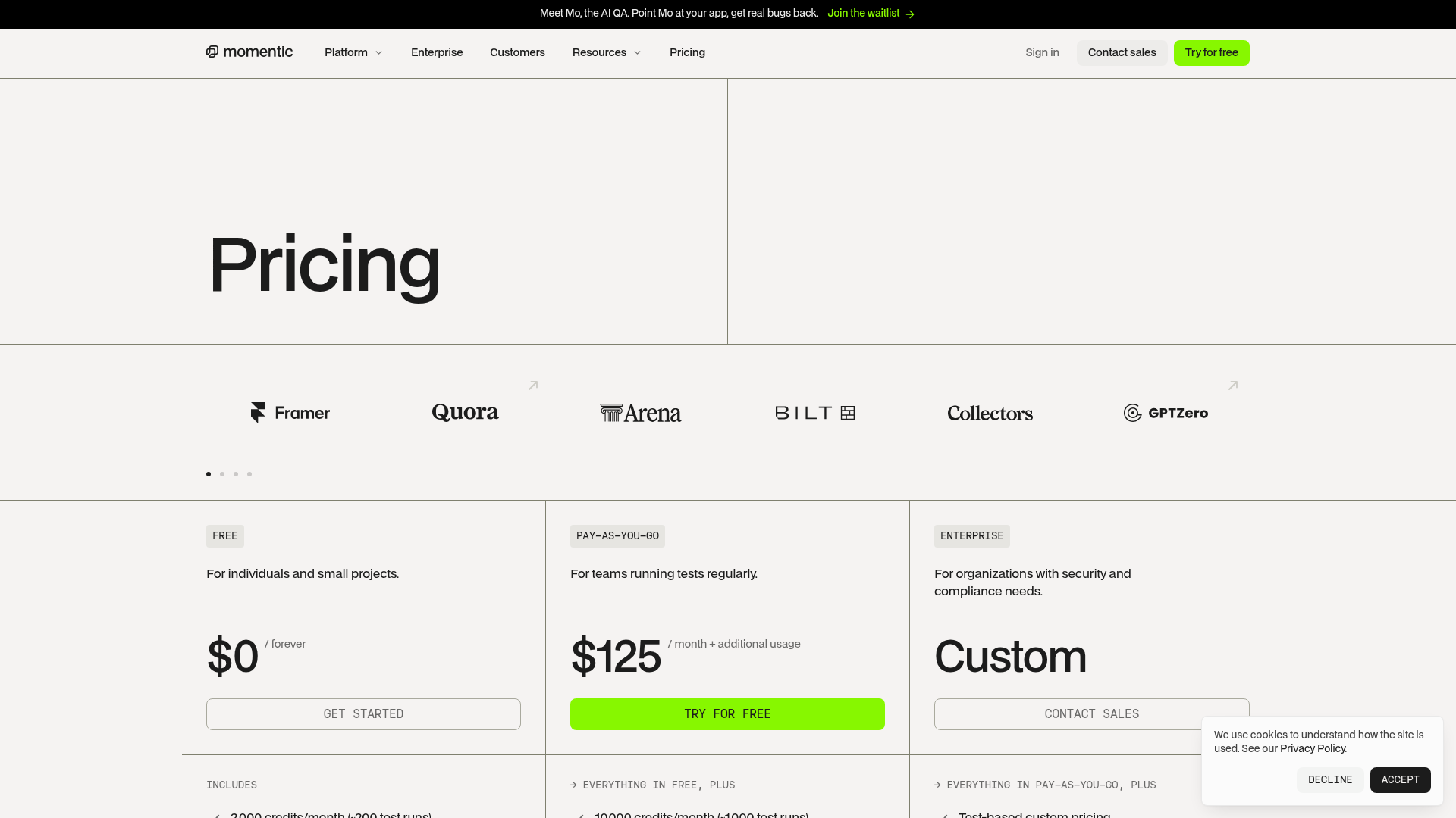 Momentic pricing page showing Free, Pay as you go, and Enterprise plans