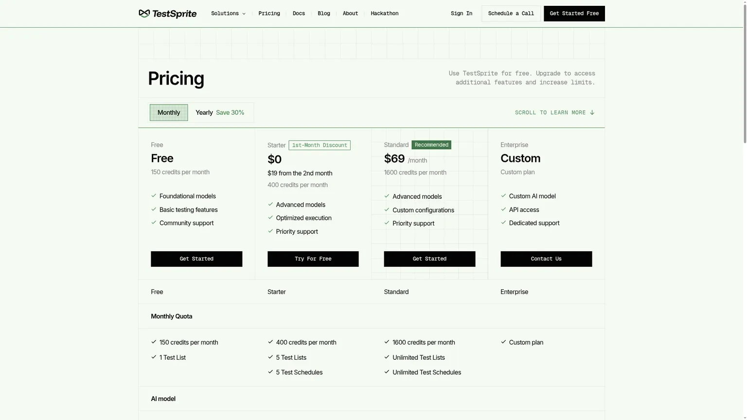 TestSprite pricing page showing Free, Starter, Standard, and Enterprise tiers