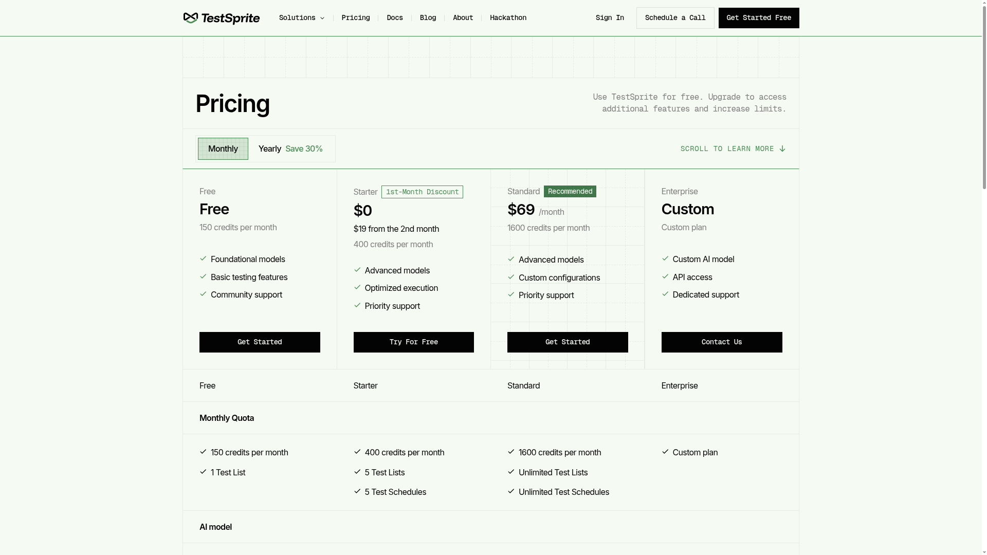 TestSprite pricing page showing Free, Starter, Standard, and Enterprise tiers