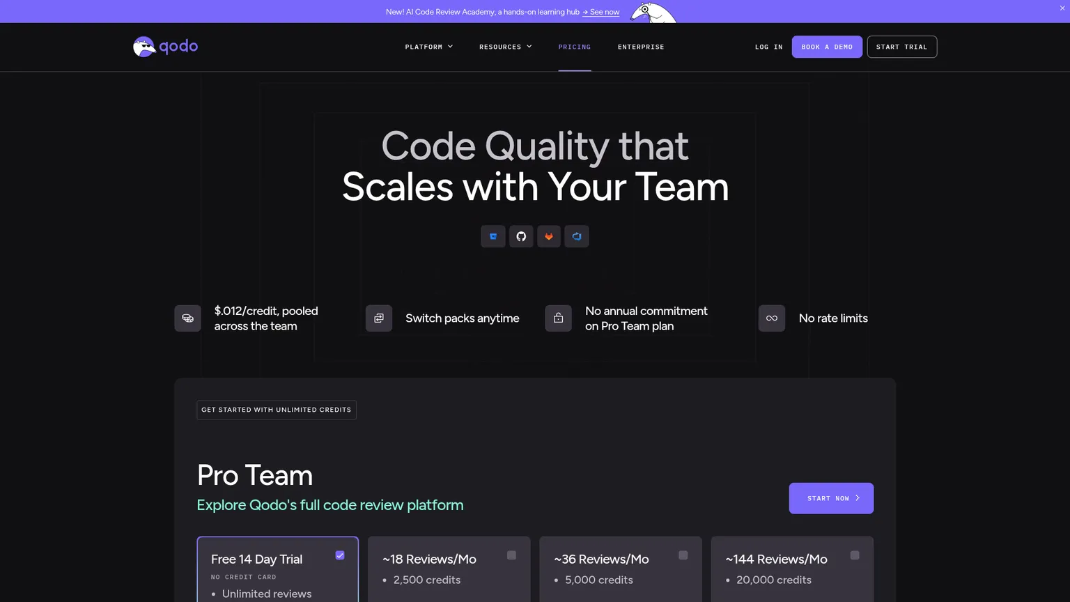 Qodo pricing page showing Pro Team review credits, trial, and Enterprise options