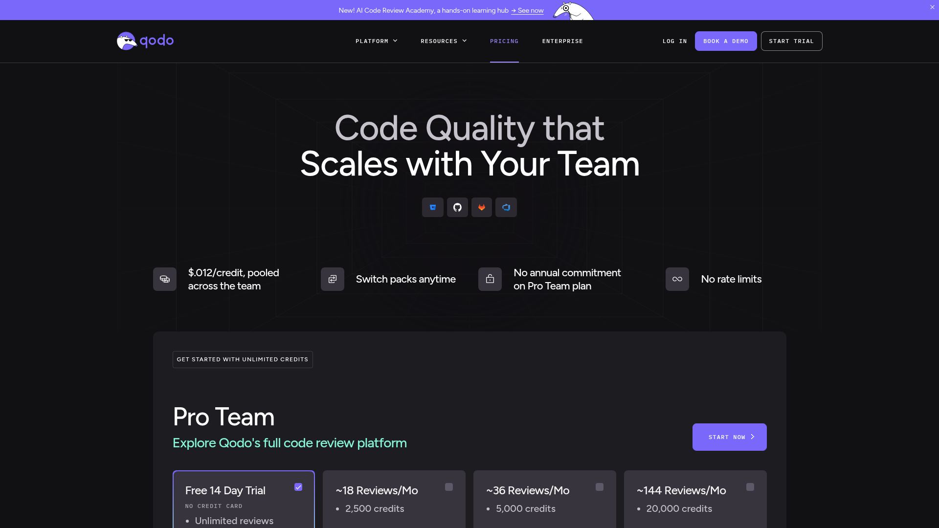 Qodo pricing page showing Pro Team review credits, trial, and Enterprise options