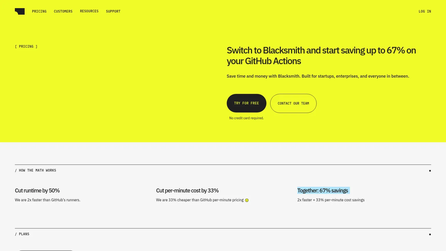 Blacksmith pricing page showing runner minute rates, free minutes, add-ons, and Enterprise