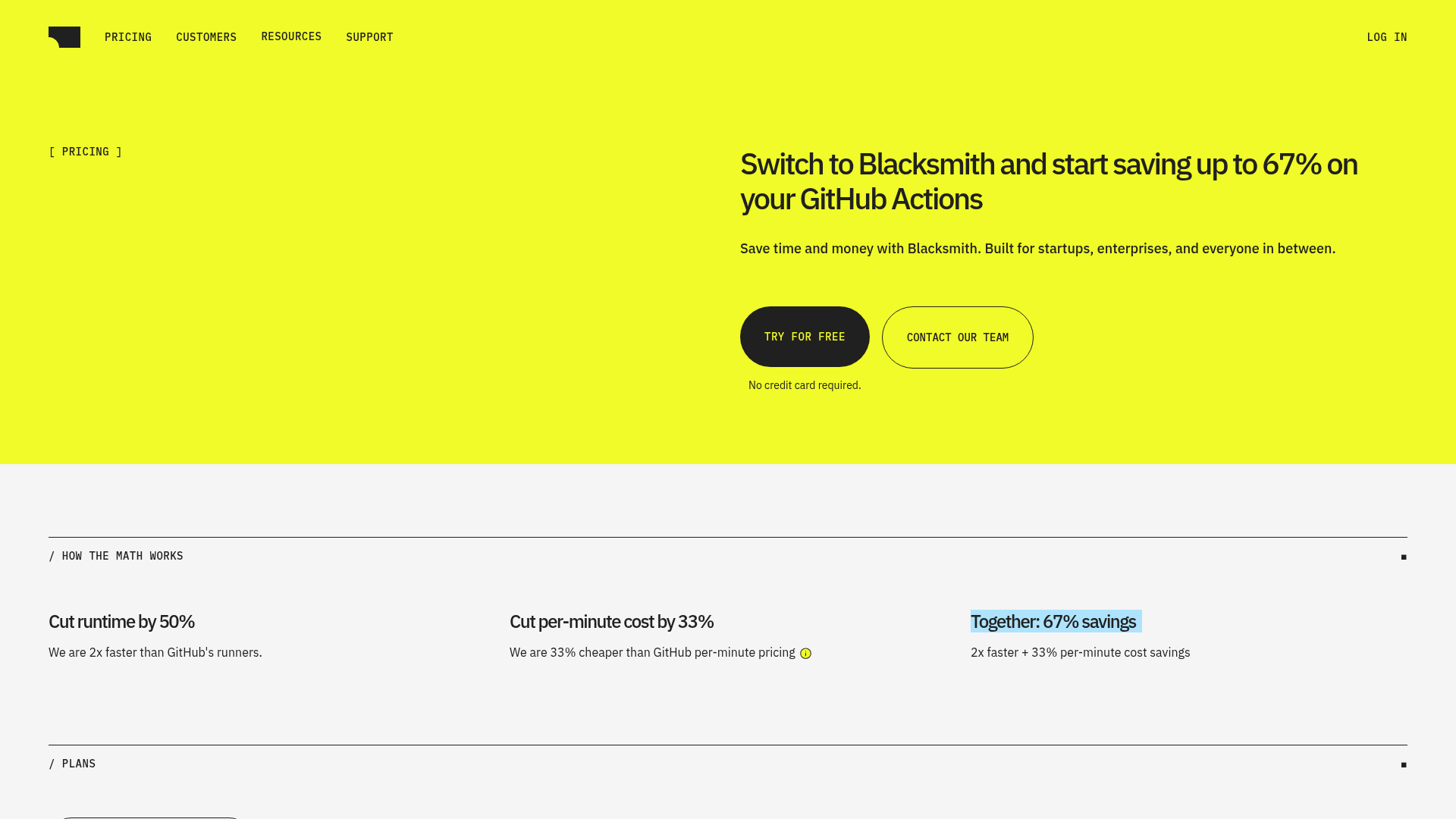 Blacksmith pricing page showing runner minute rates, free minutes, add-ons, and Enterprise