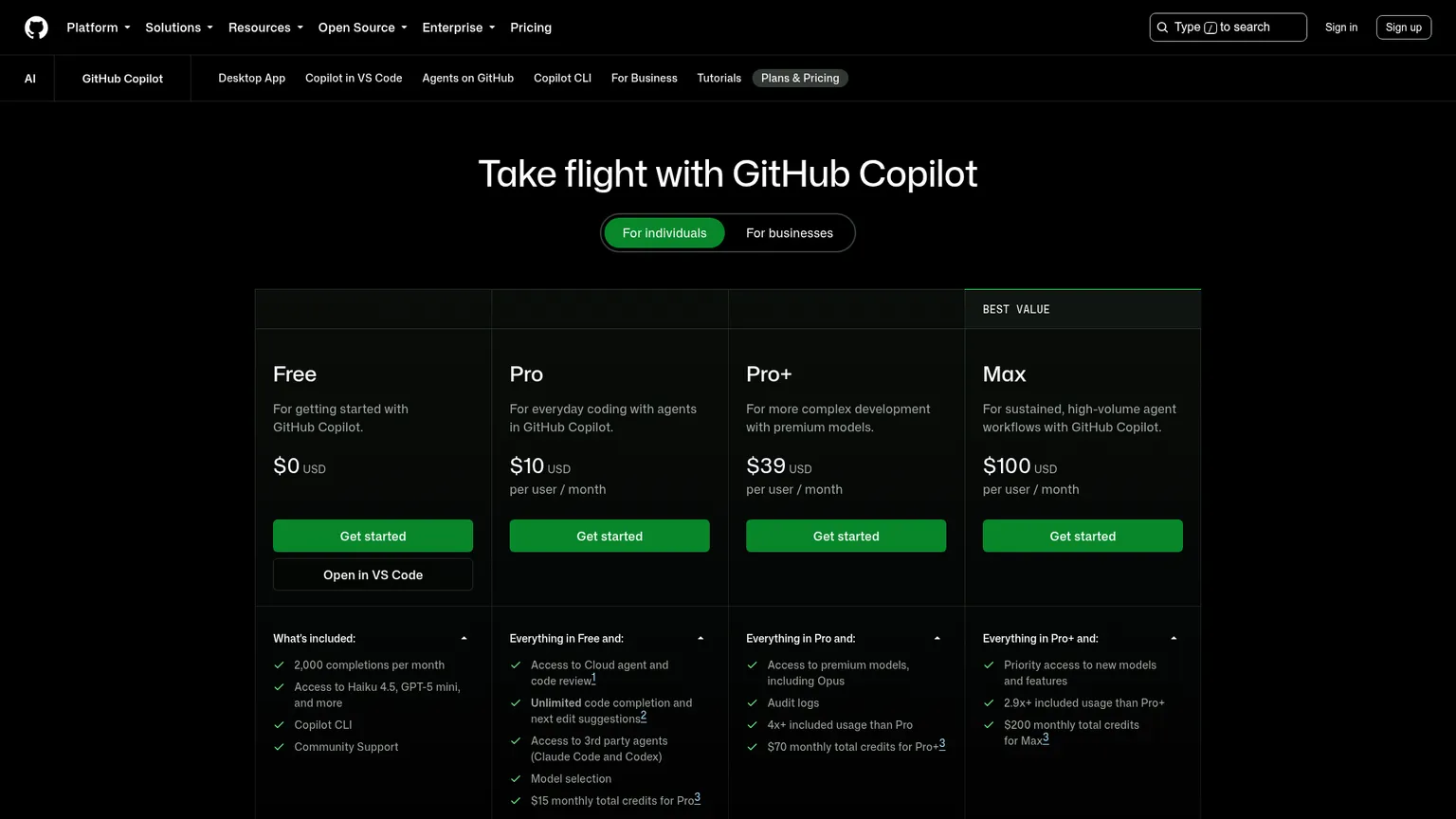 GitHub Copilot plans page showing Free, Pro, Pro Plus, Max, Business, and Enterprise pricing