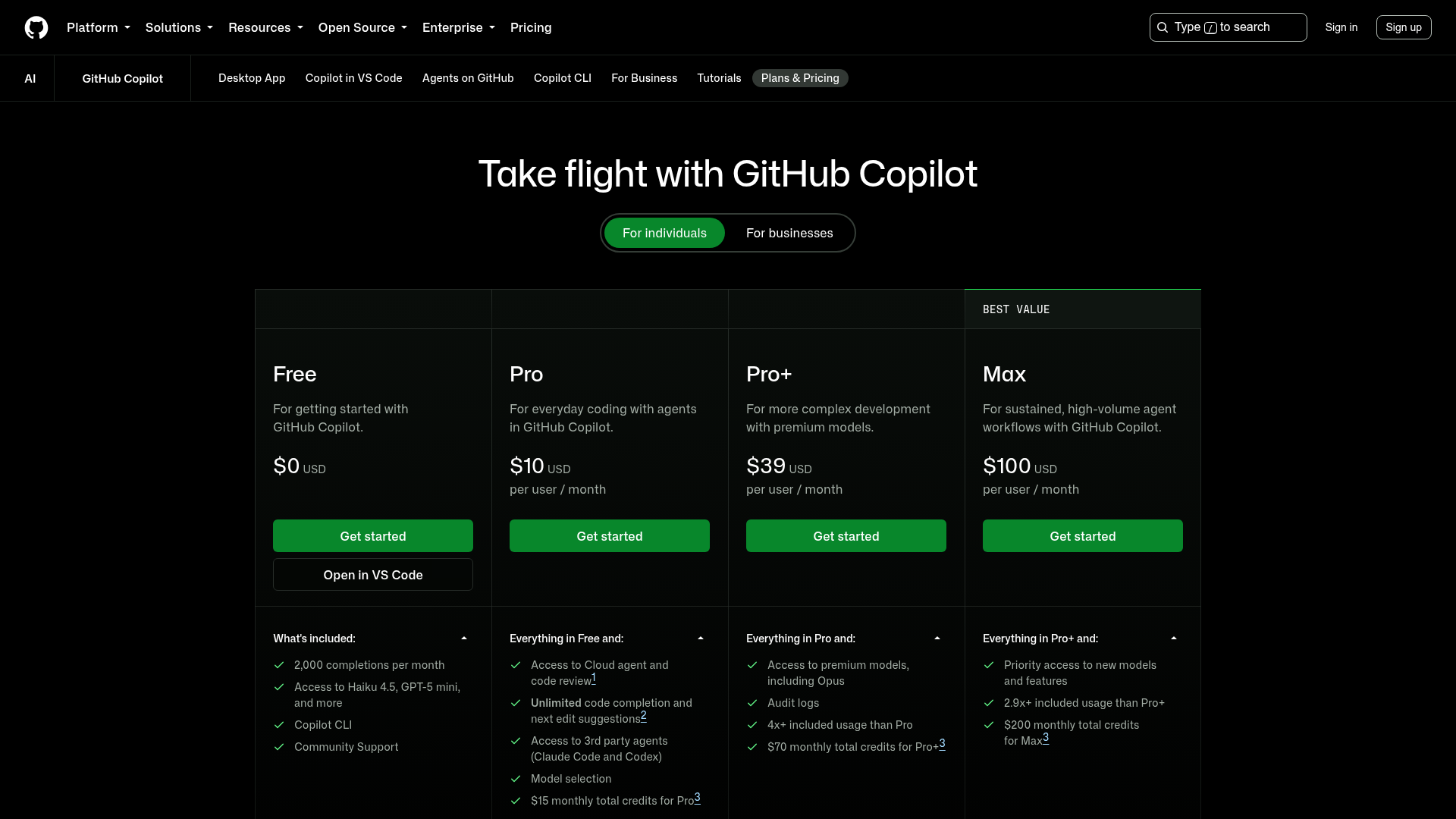 GitHub Copilot plans page showing Free, Pro, Pro Plus, Max, Business, and Enterprise pricing