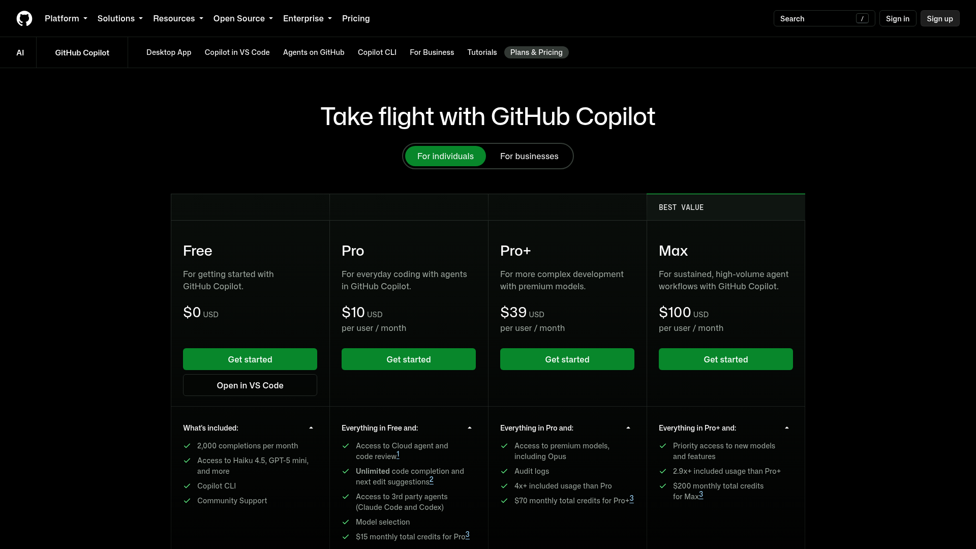 GitHub Copilot plans and pricing page