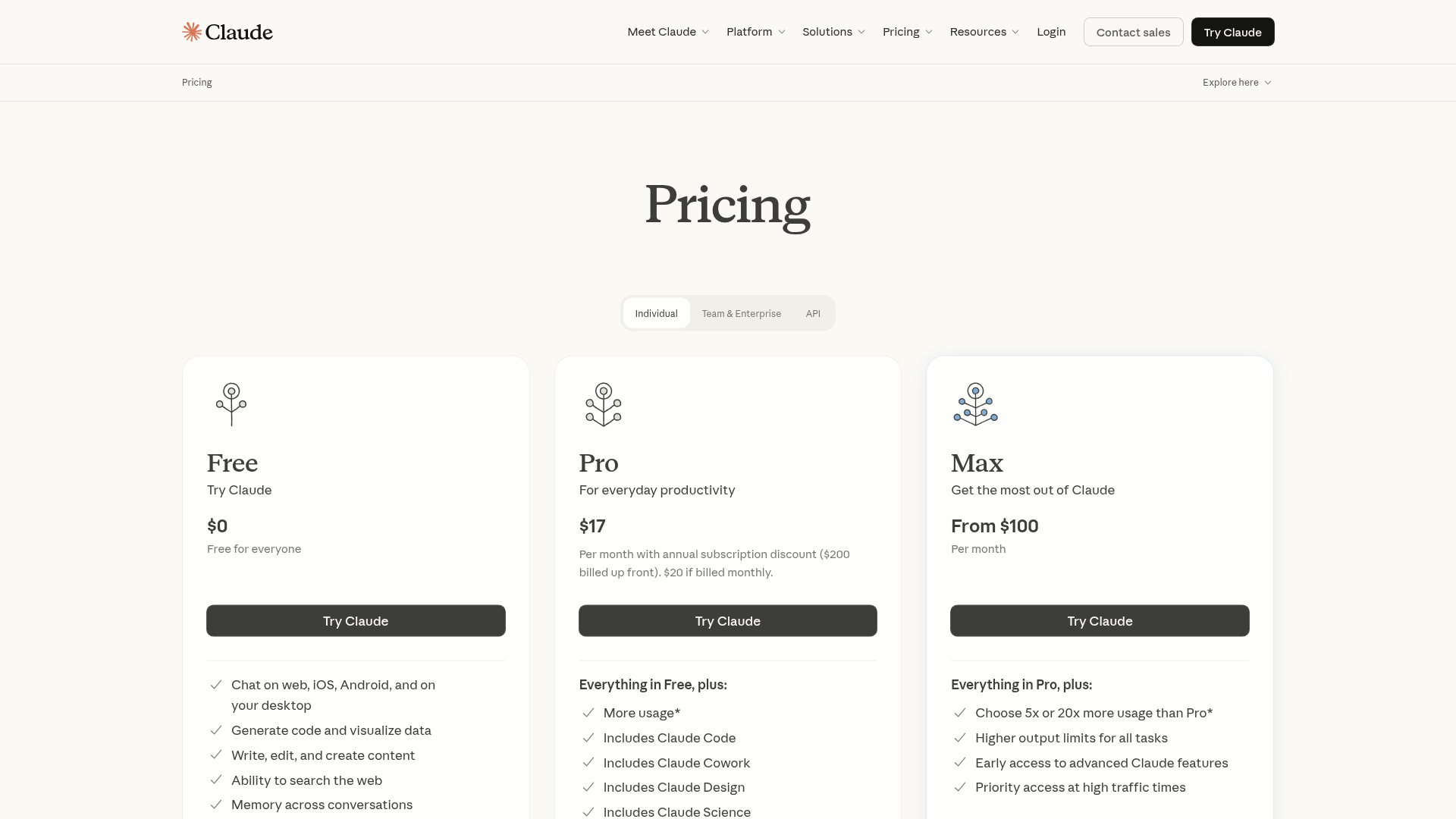 Claude pricing page with Team and Enterprise plans
