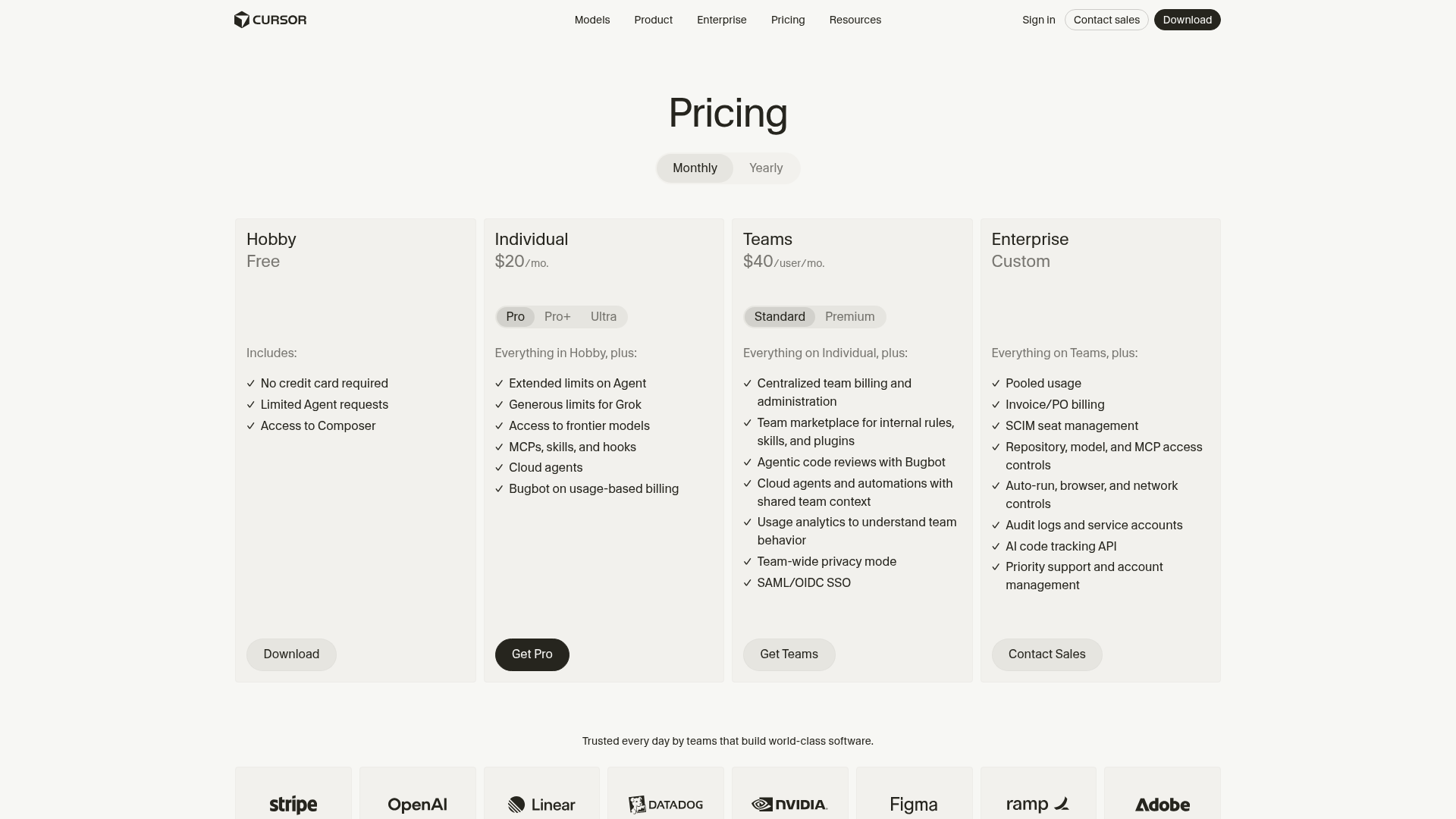 Cursor pricing page with individual, team, and enterprise plans