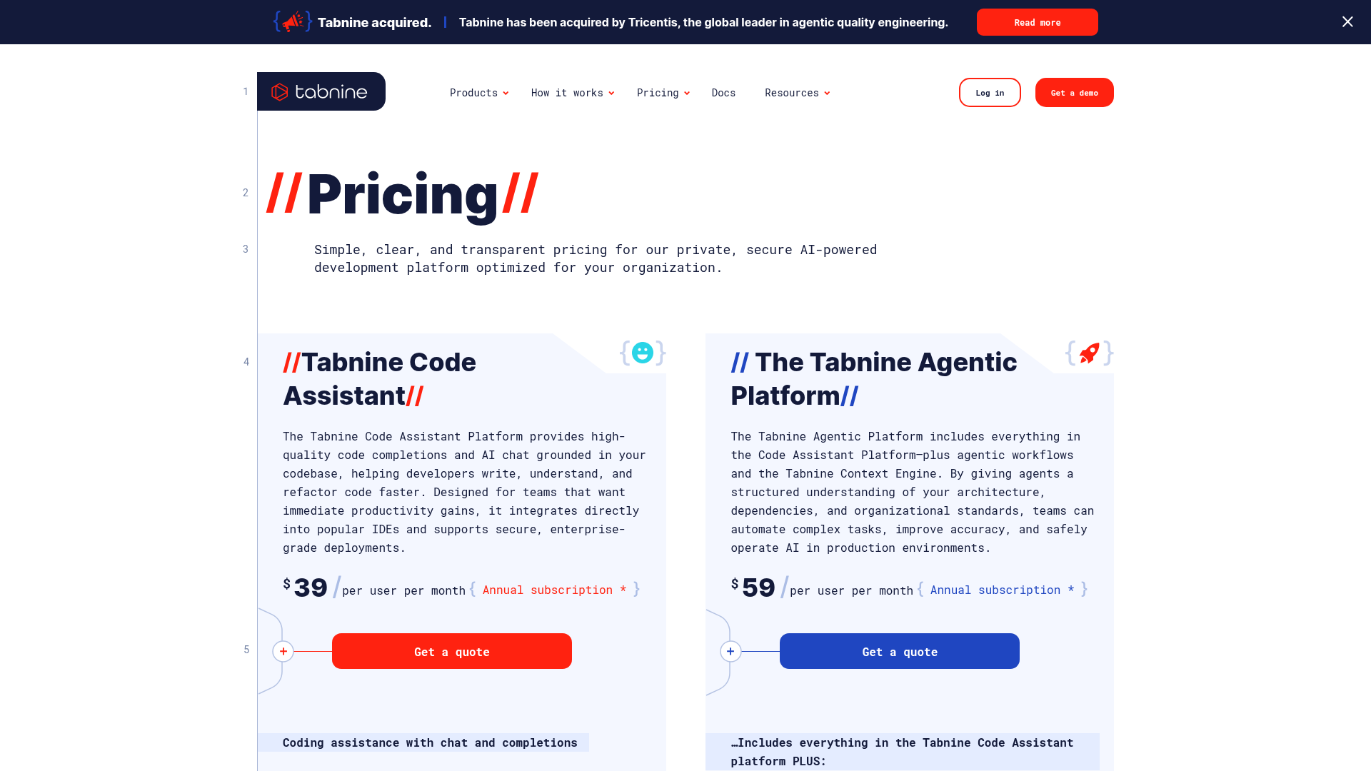 Tabnine pricing page for Code Assistant and Agentic Platform