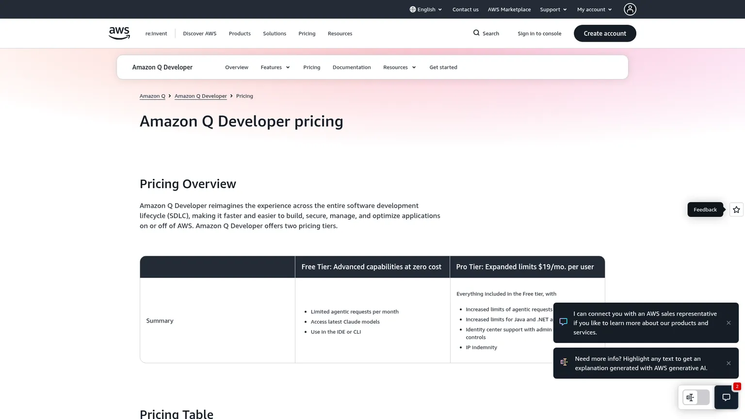 Preisseite von Amazon Q Developer mit Free- und Pro-Stufe