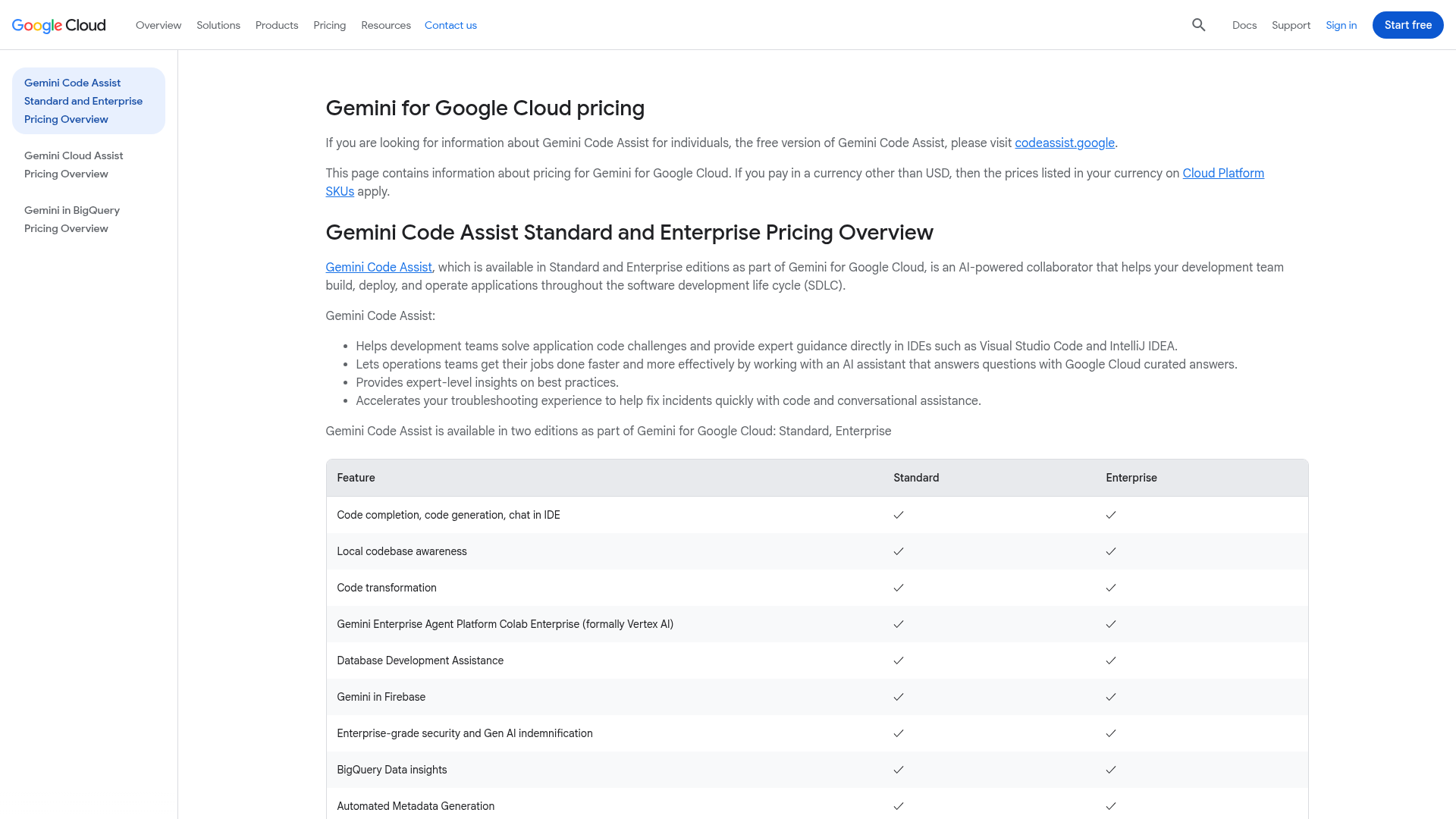 Gemini Code Assist Standard and Enterprise pricing page