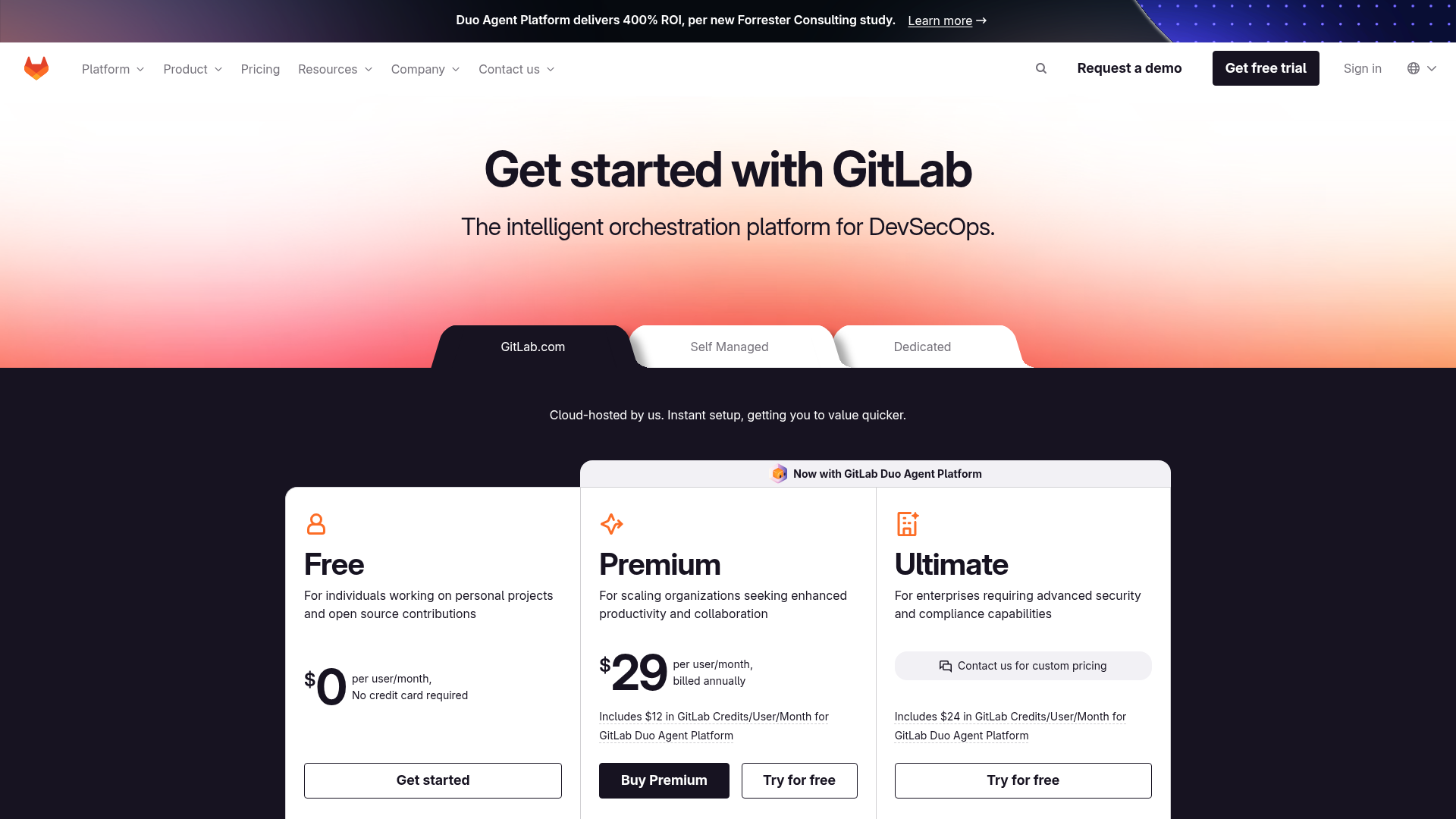GitLab pricing page with Duo Agent Platform credits