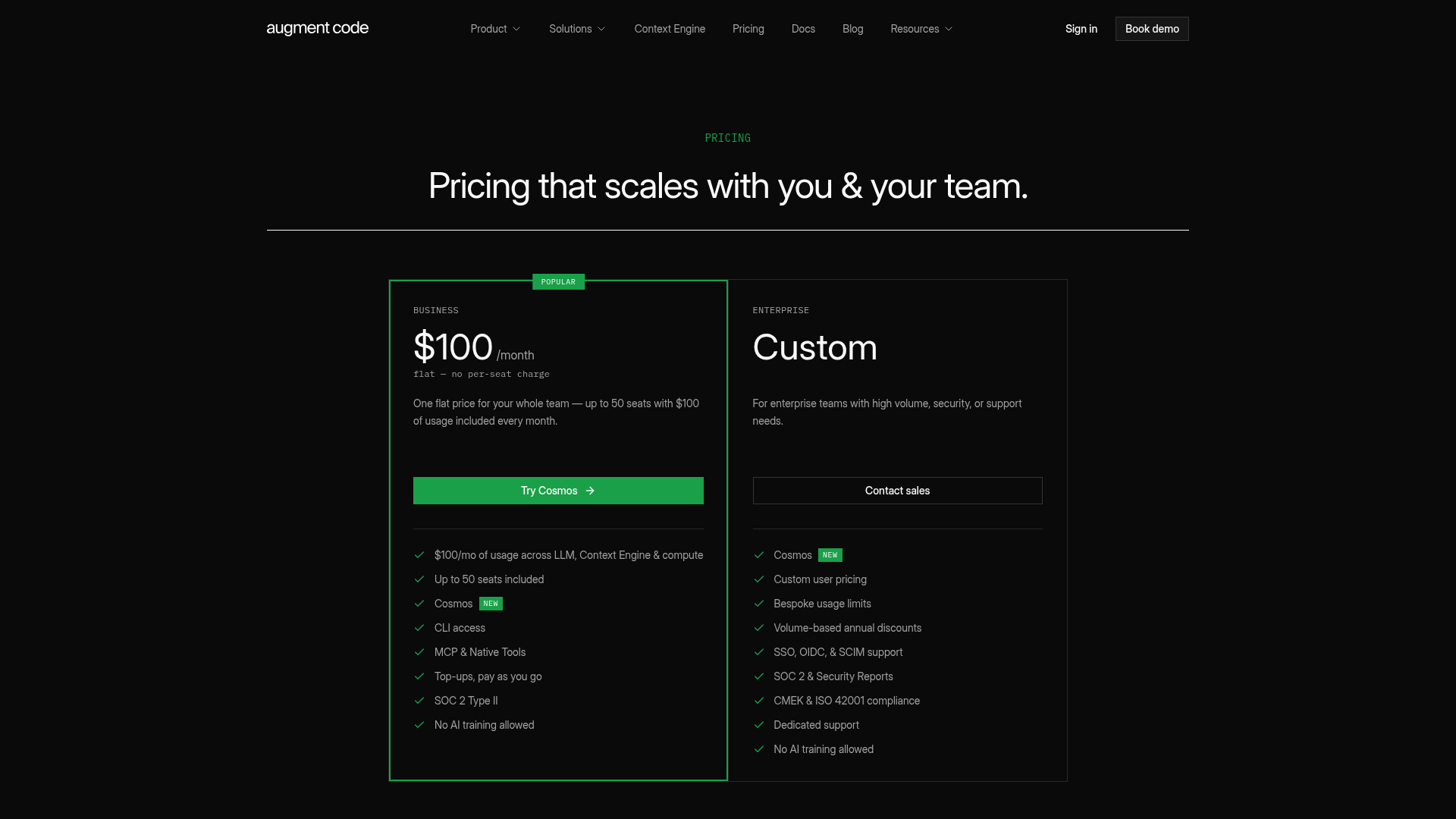 Augment Code pricing page showing Business and Enterprise
